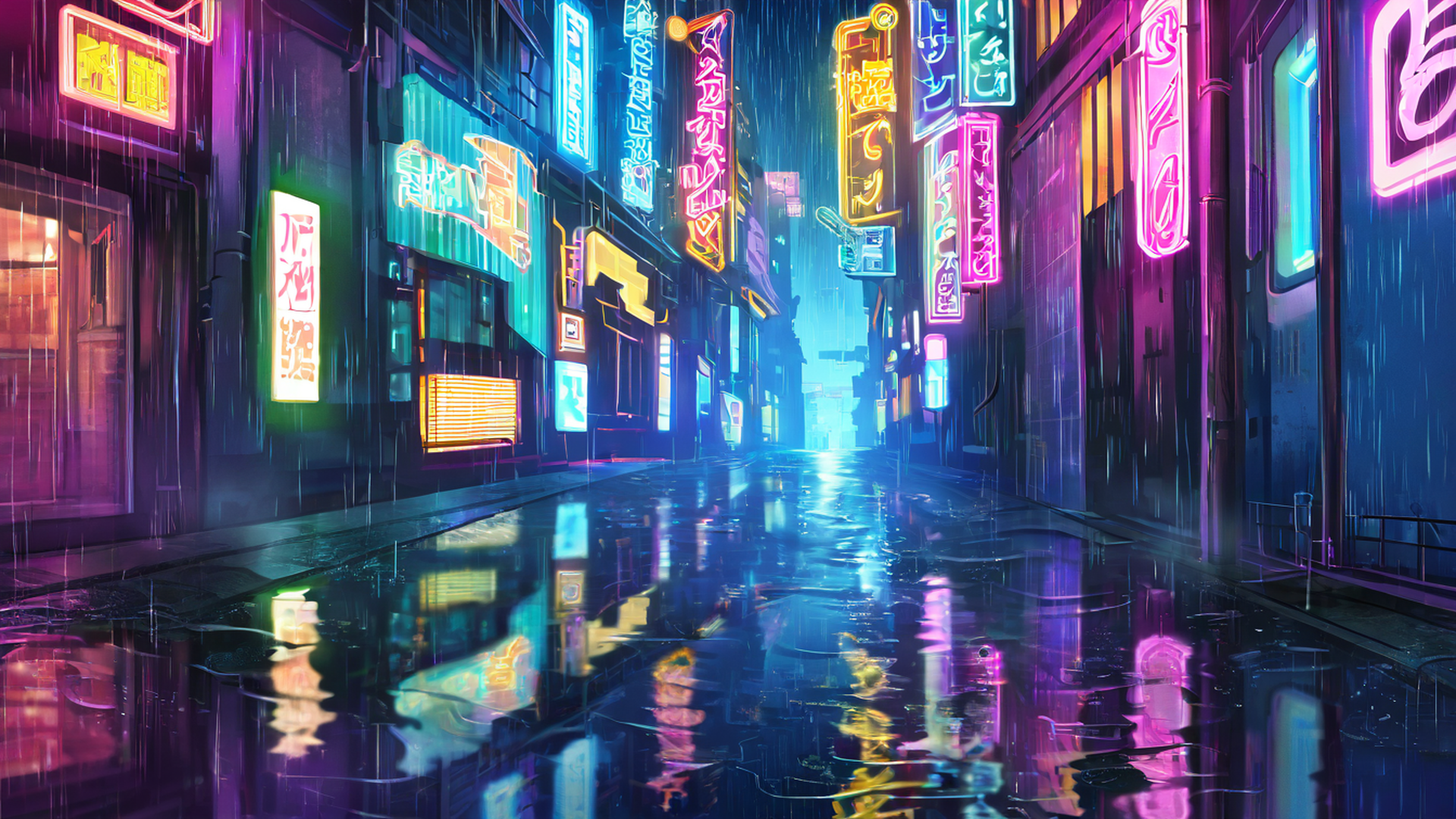 cyberpunk neon rain lofi wallpaper