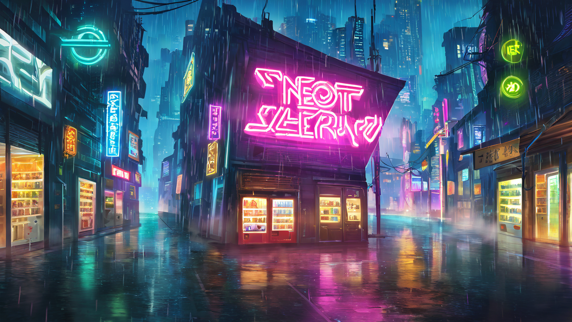 cyberpunk neon rain lofi wallpaper