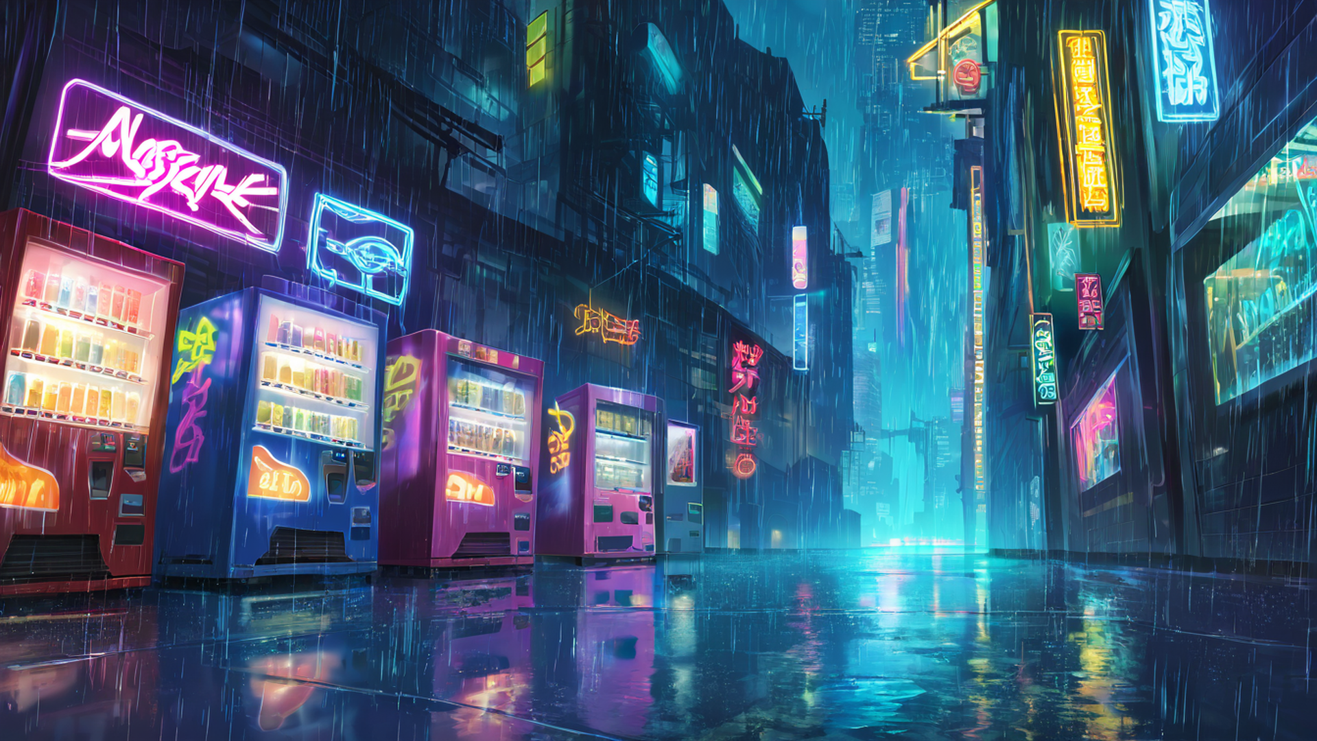 cyberpunk neon rain lofi wallpaper