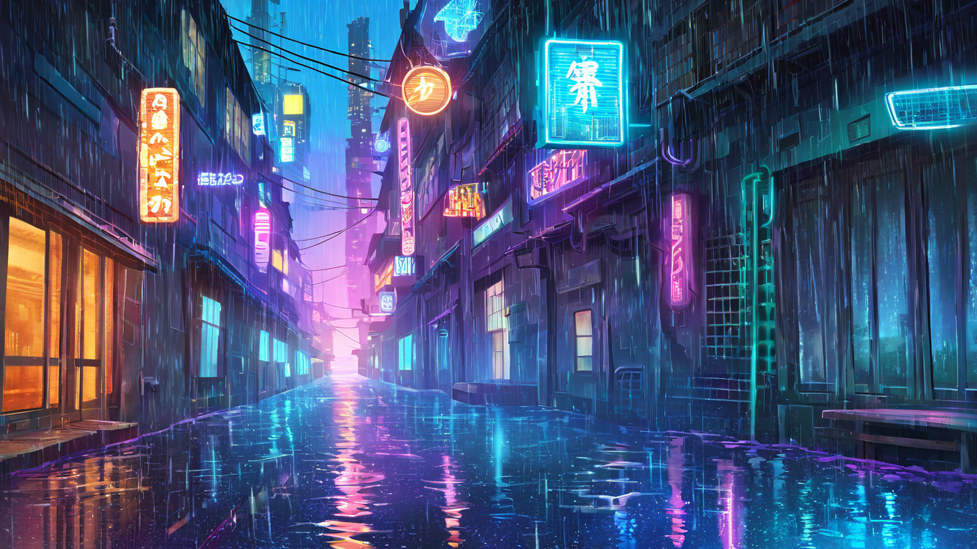 cyberpunk neon rain lofi wallpaper