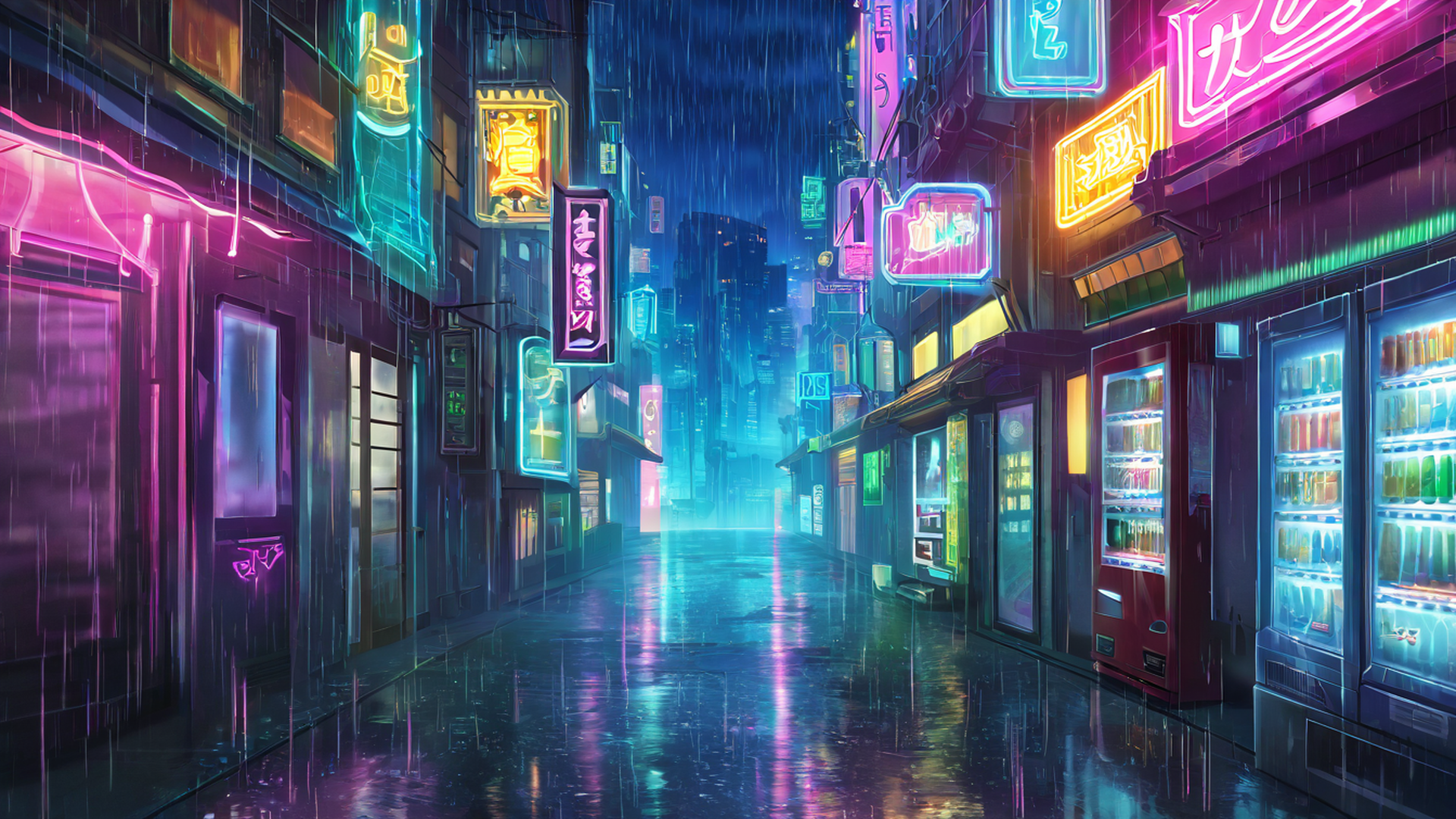 cyberpunk neon rain lofi wallpaper