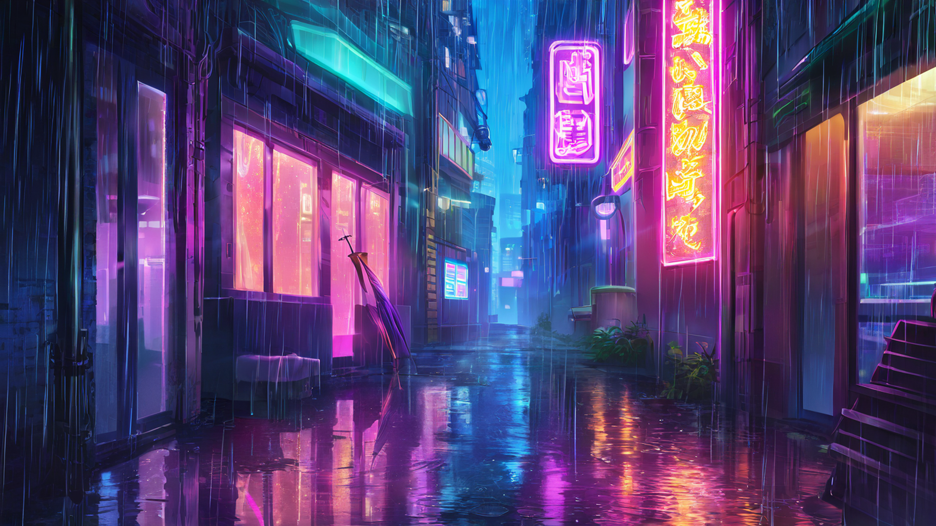 cyberpunk neon rain lofi wallpaper