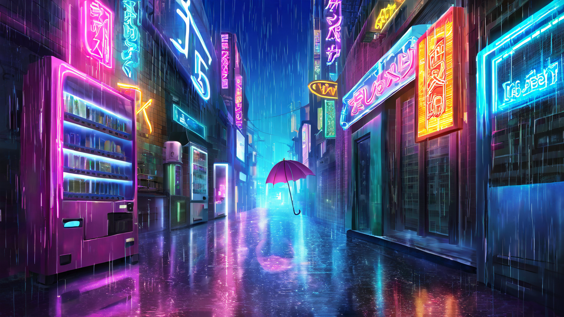 cyberpunk neon rain lofi wallpaper