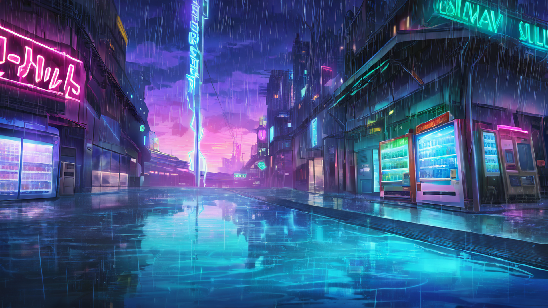 cyberpunk neon rain lofi wallpaper