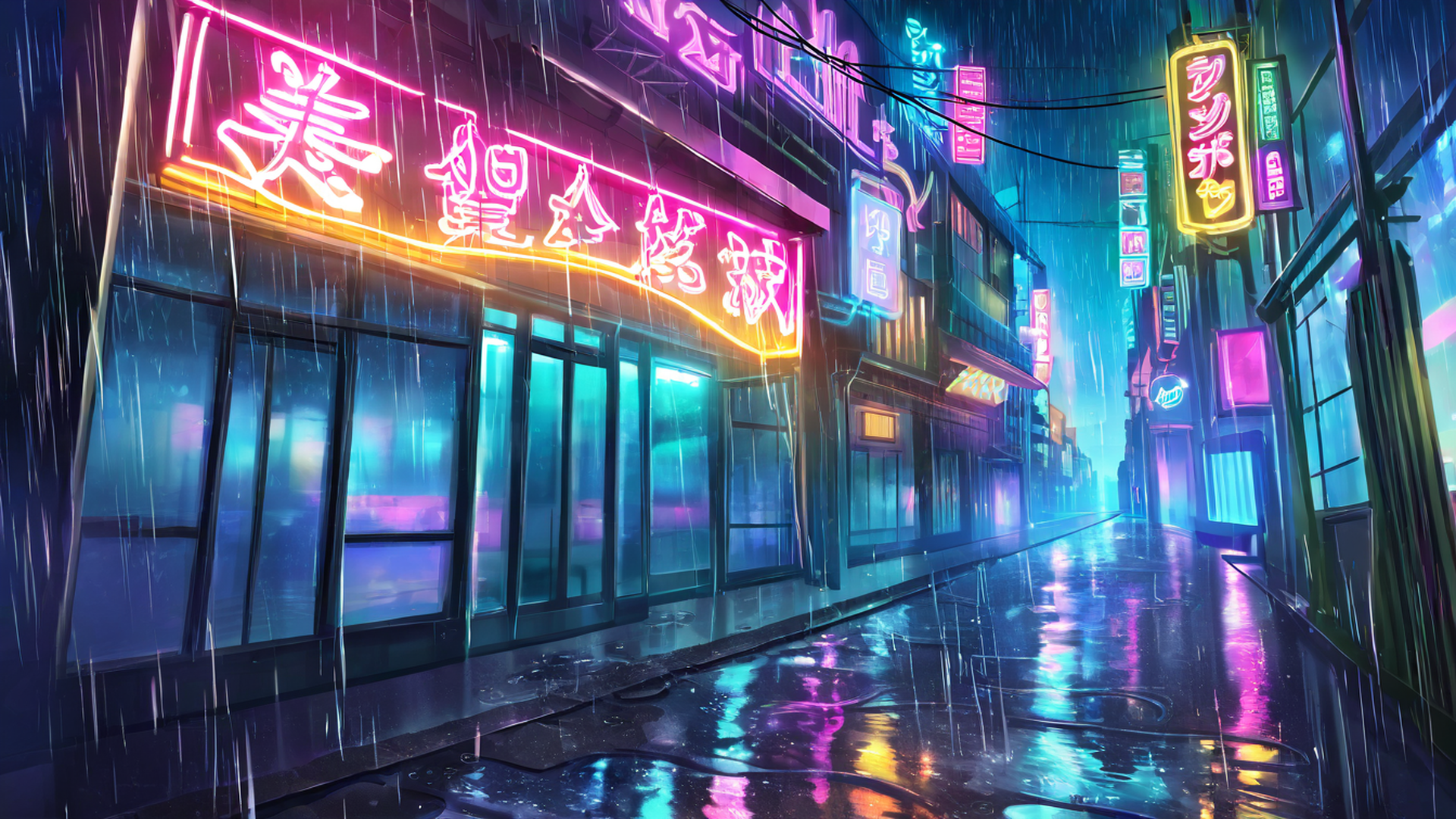 cyberpunk neon rain lofi wallpaper
