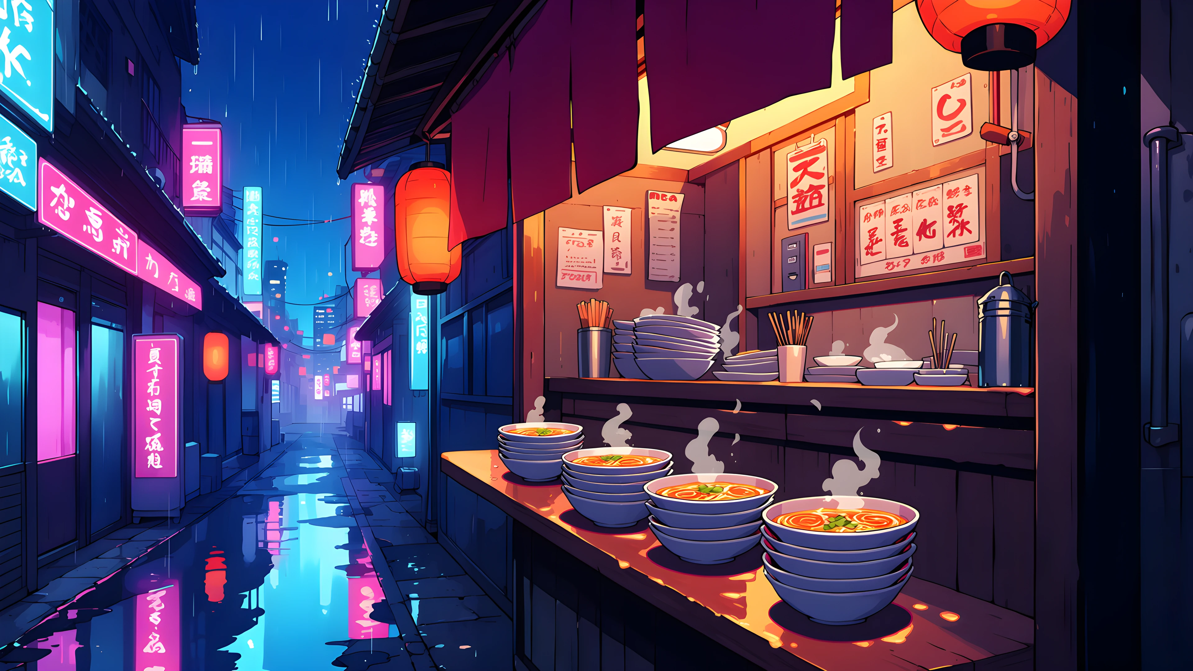 Cyberpunk Ramen Stall variant — Japanese aesthetic lofi wallpaper HD 4K Ultrawide