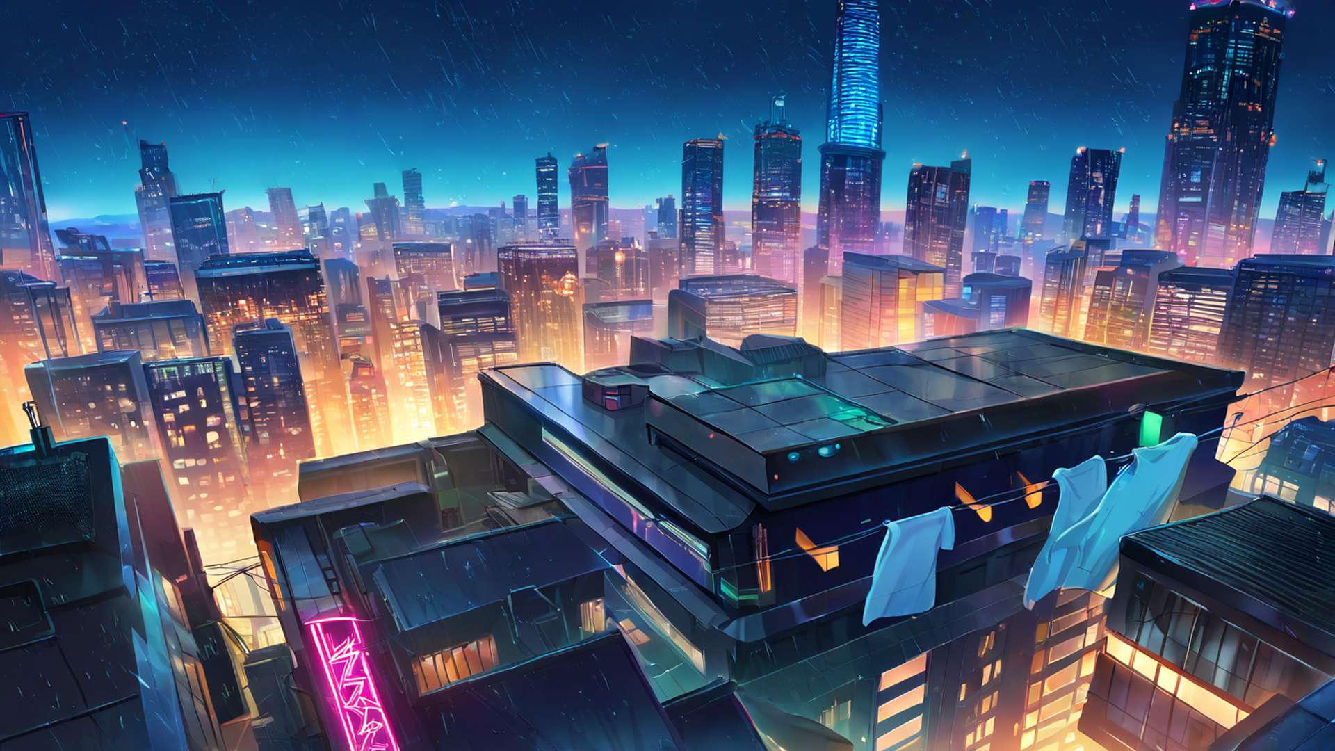 cyberpunk rooftop lofi wallpaper