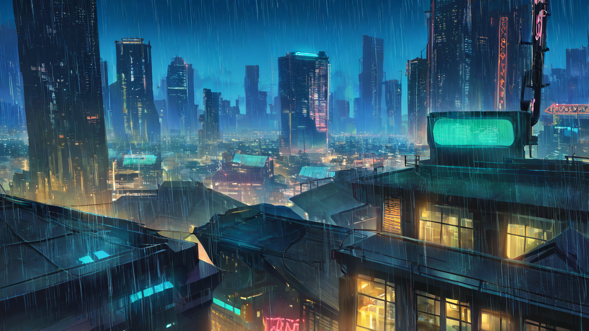 cyberpunk rooftop lofi wallpaper