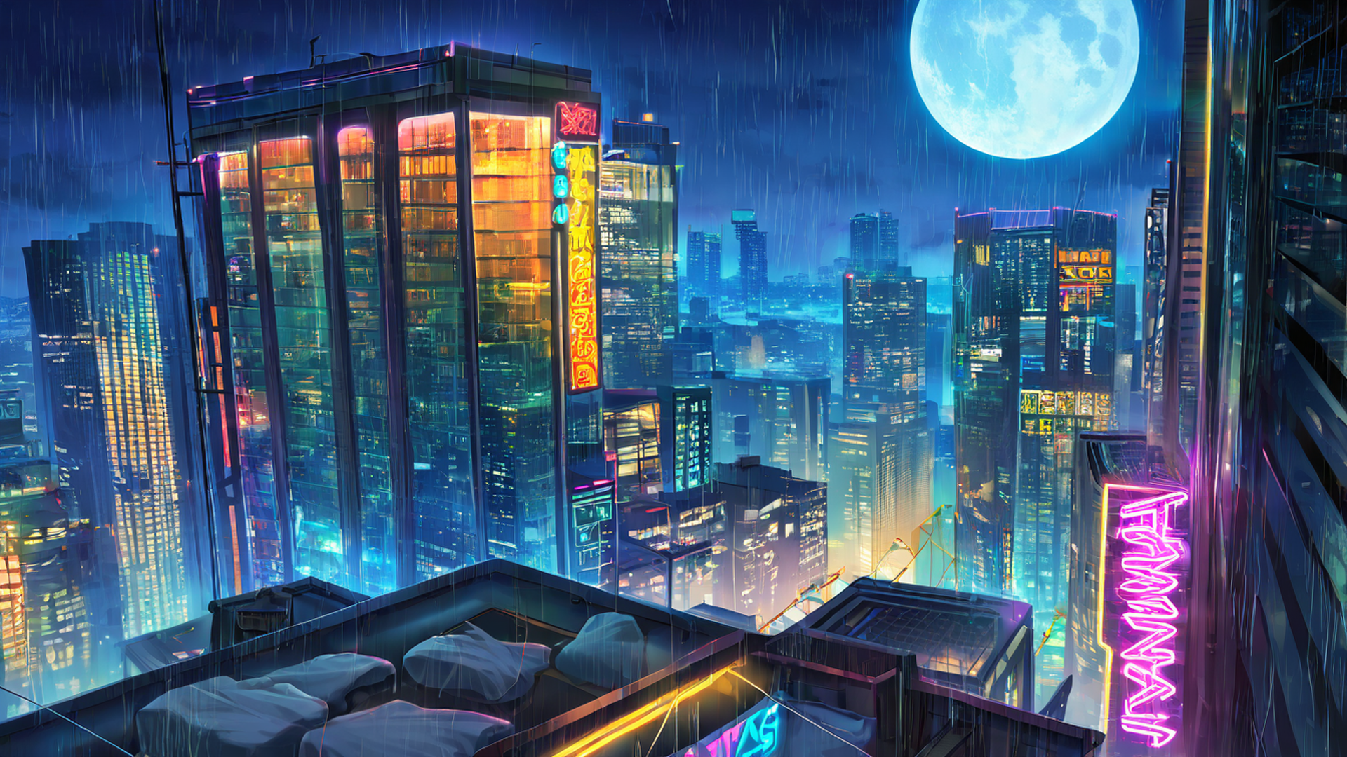 cyberpunk rooftop lofi wallpaper