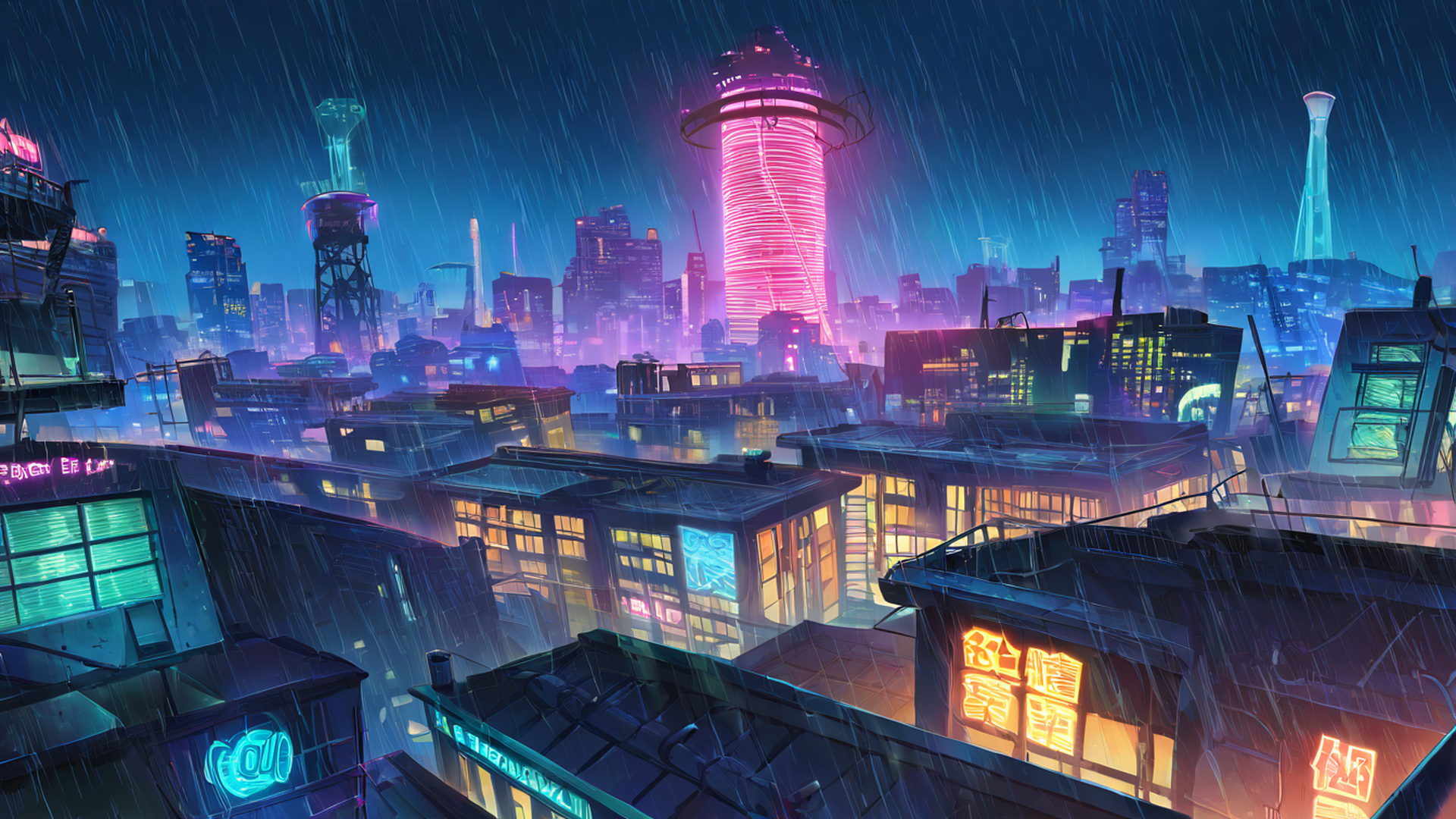 cyberpunk rooftop lofi wallpaper