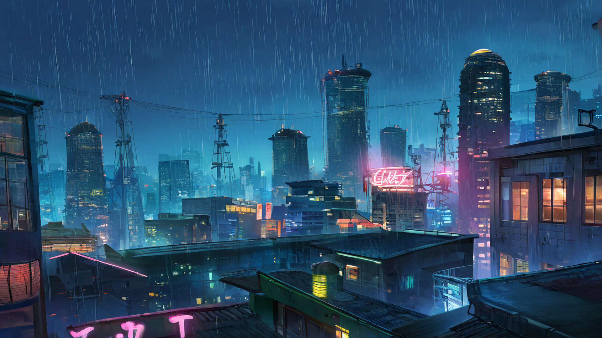 cyberpunk rooftop lofi wallpaper