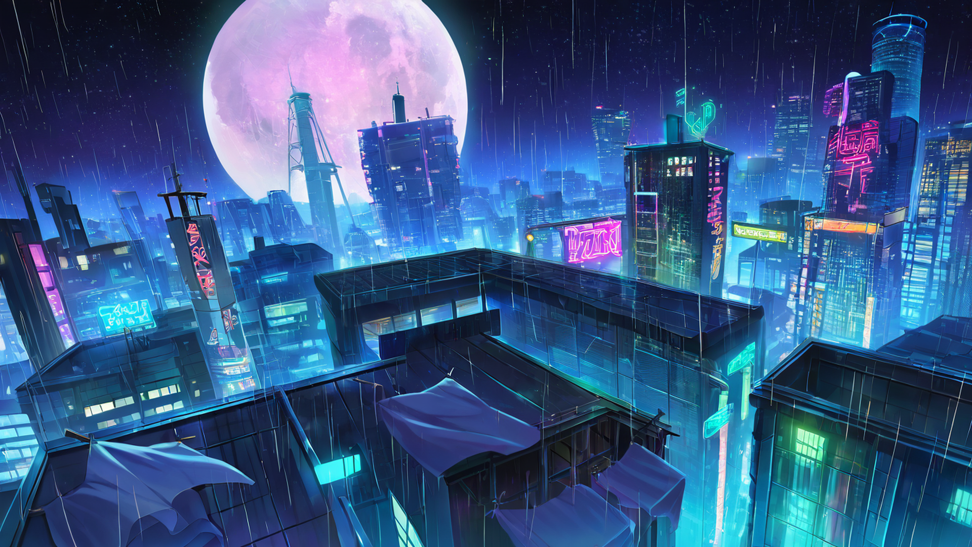cyberpunk rooftop lofi wallpaper