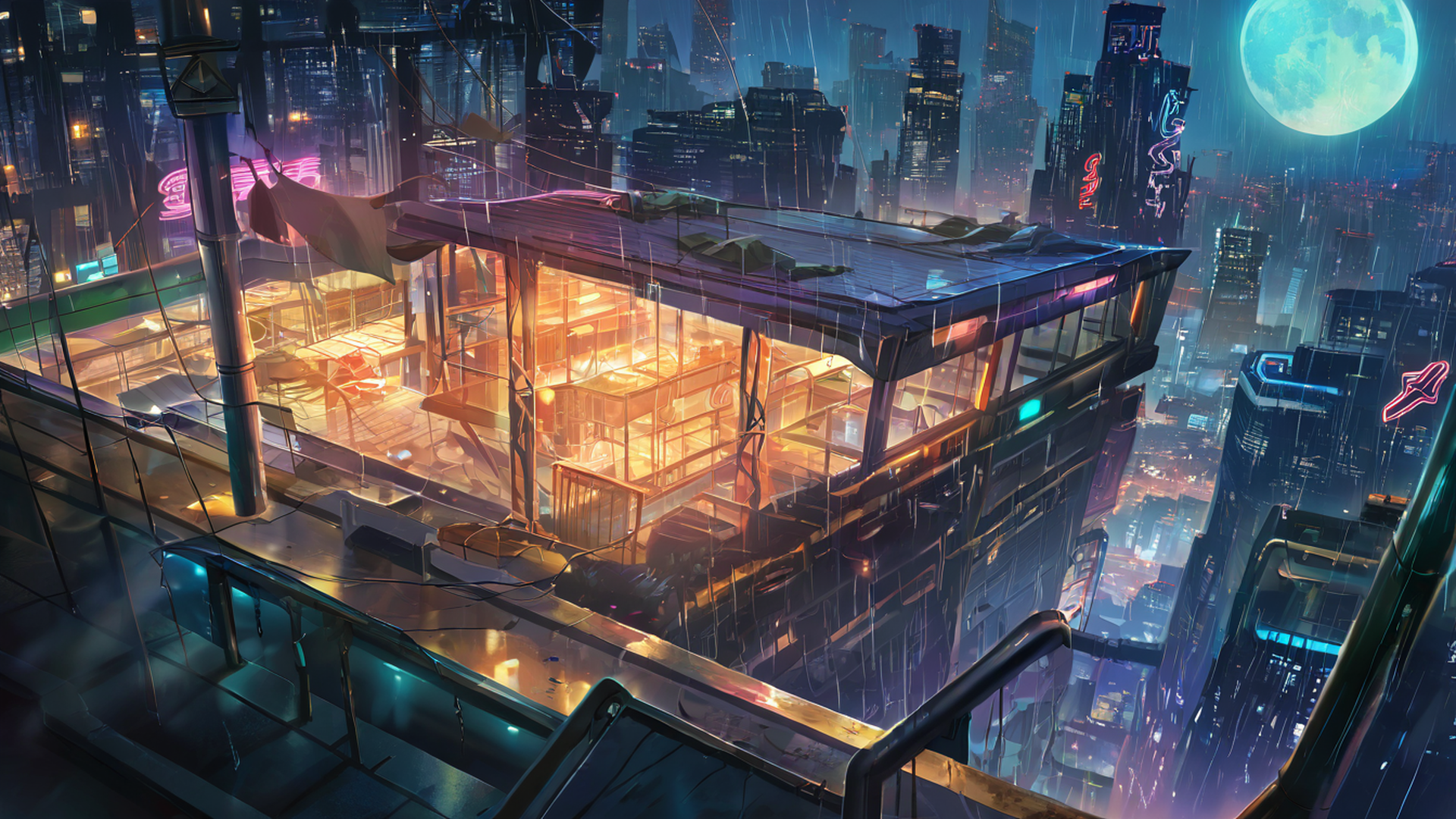 cyberpunk rooftop lofi wallpaper