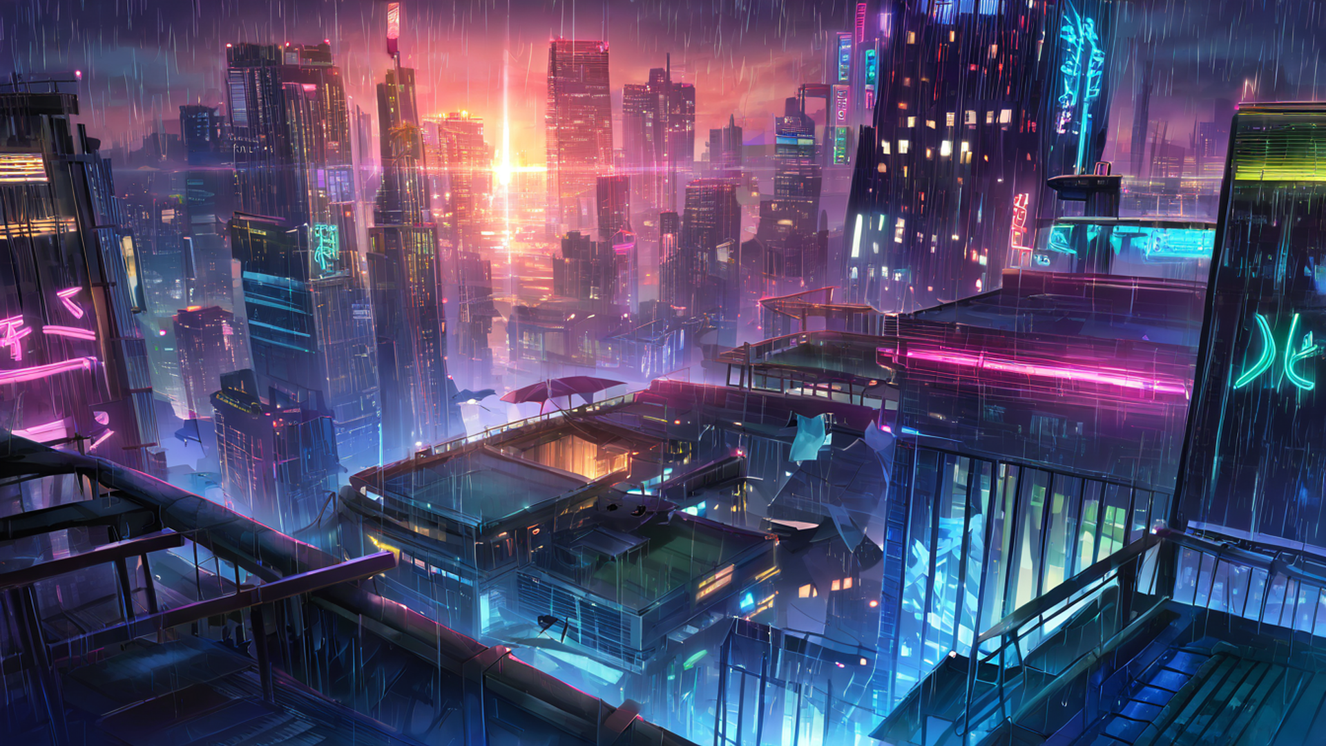 cyberpunk rooftop lofi wallpaper