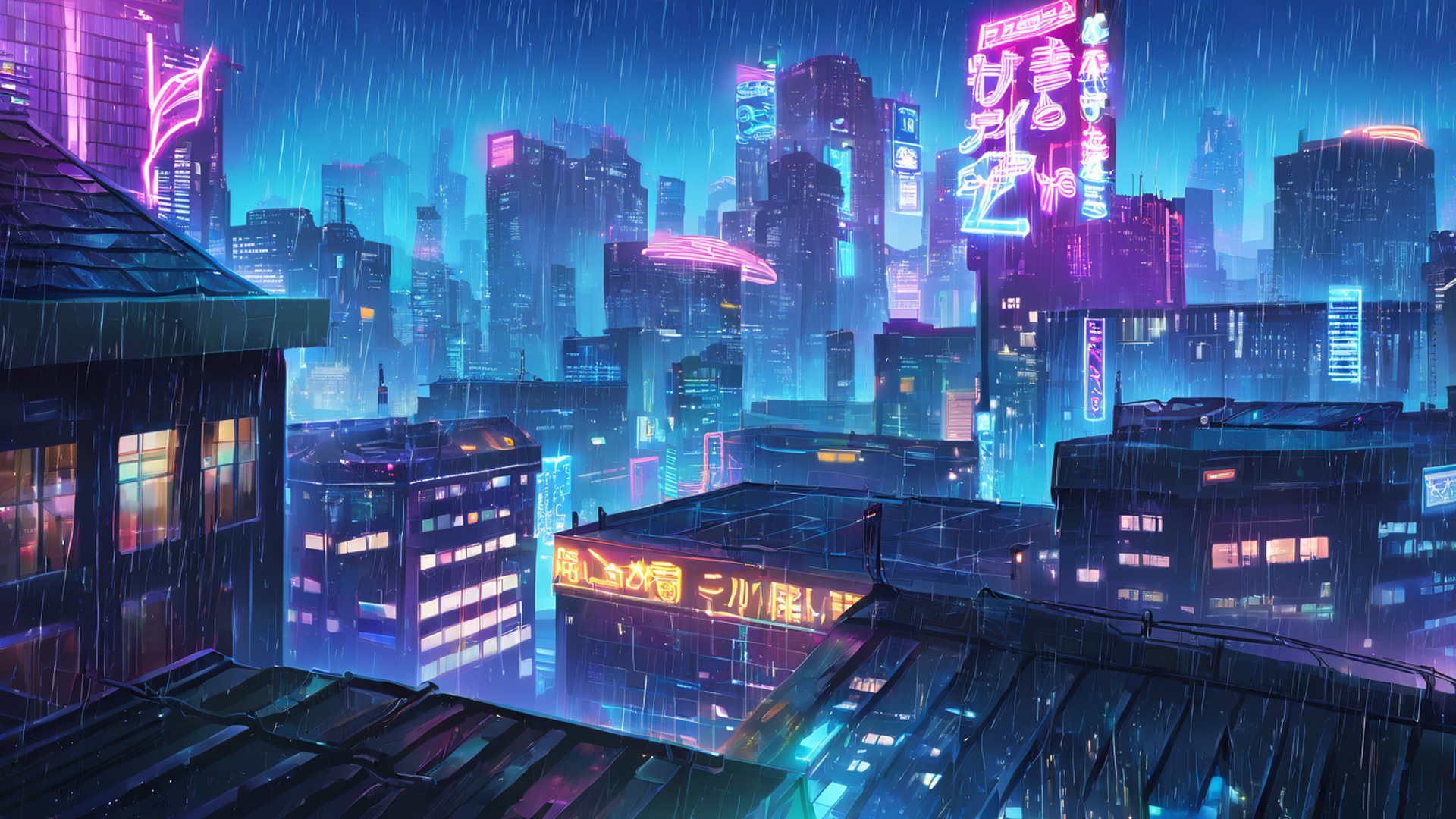 cyberpunk rooftop lofi wallpaper