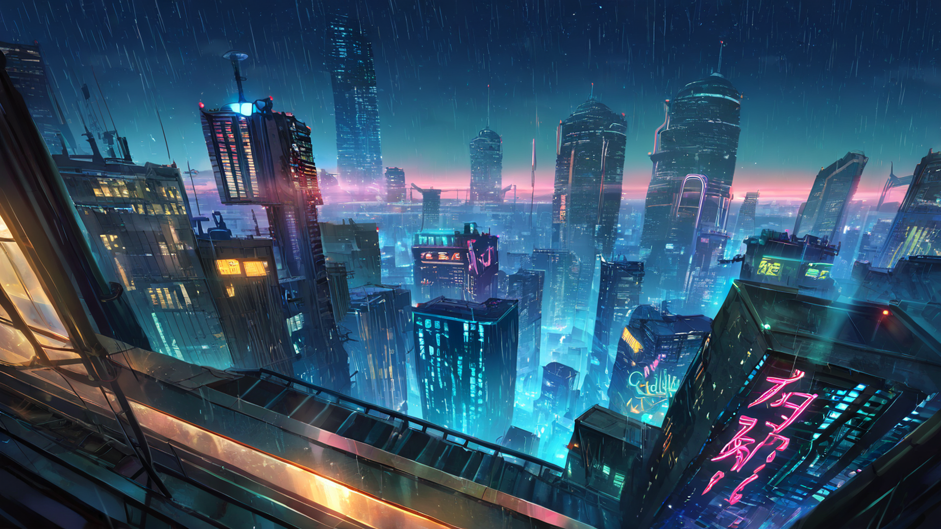 cyberpunk rooftop lofi wallpaper