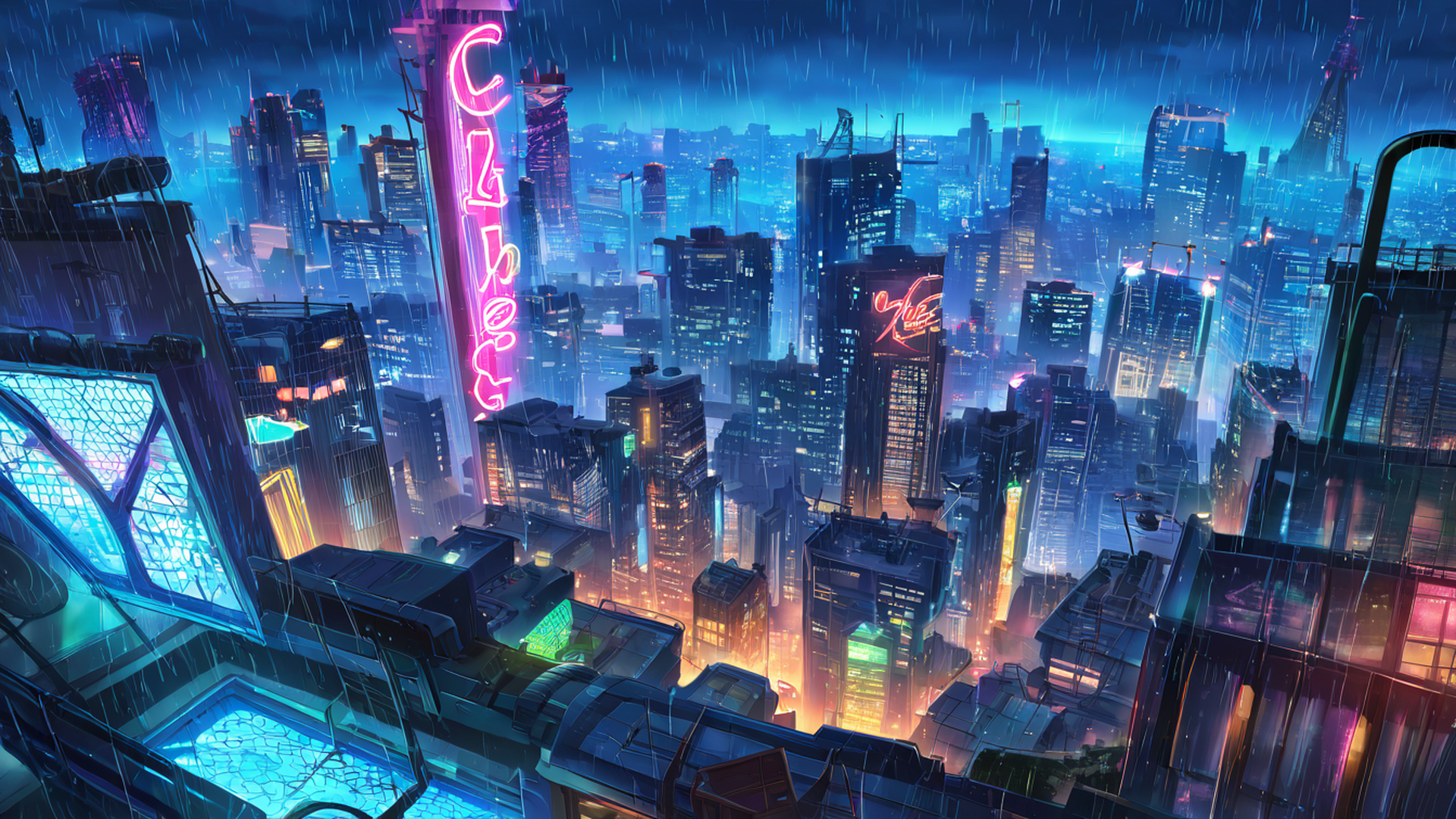cyberpunk rooftop lofi wallpaper