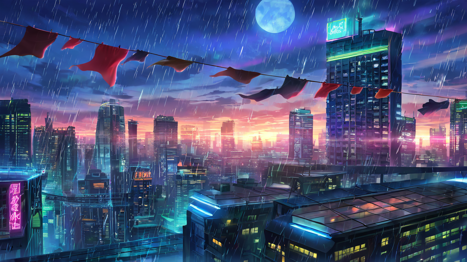 cyberpunk rooftop lofi wallpaper