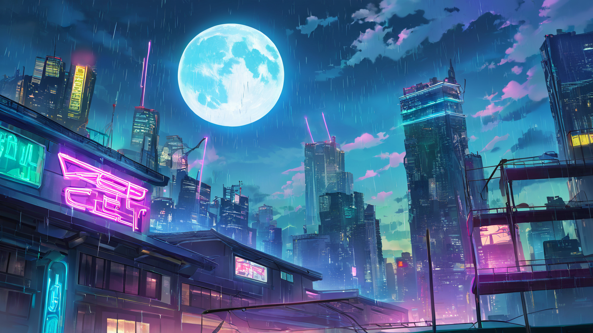 cyberpunk rooftop lofi wallpaper