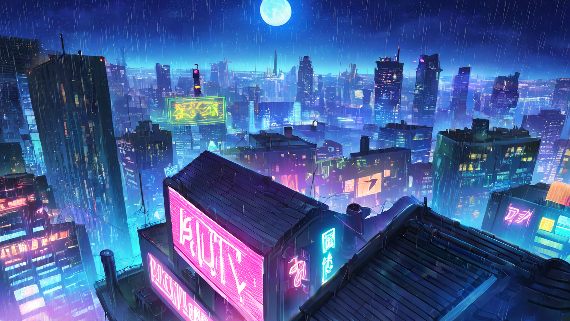 cyberpunk rooftop lofi wallpaper