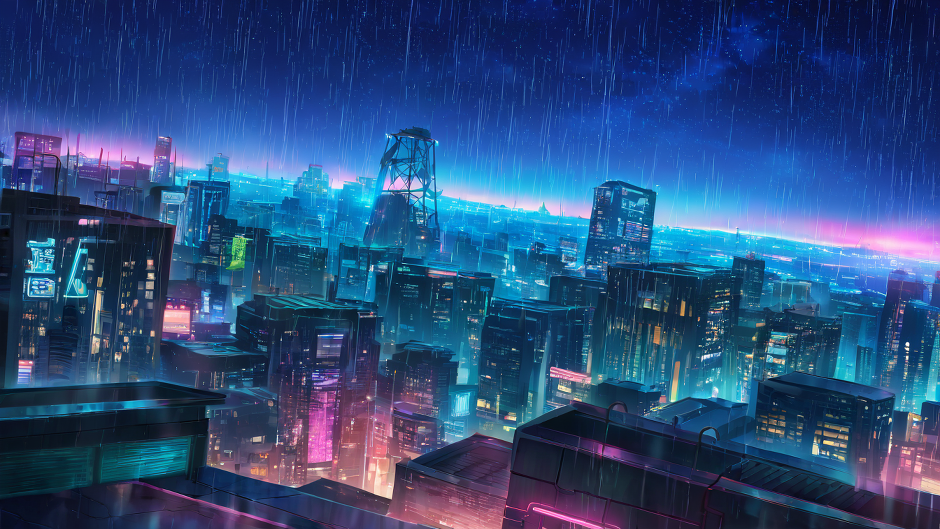 cyberpunk rooftop lofi wallpaper
