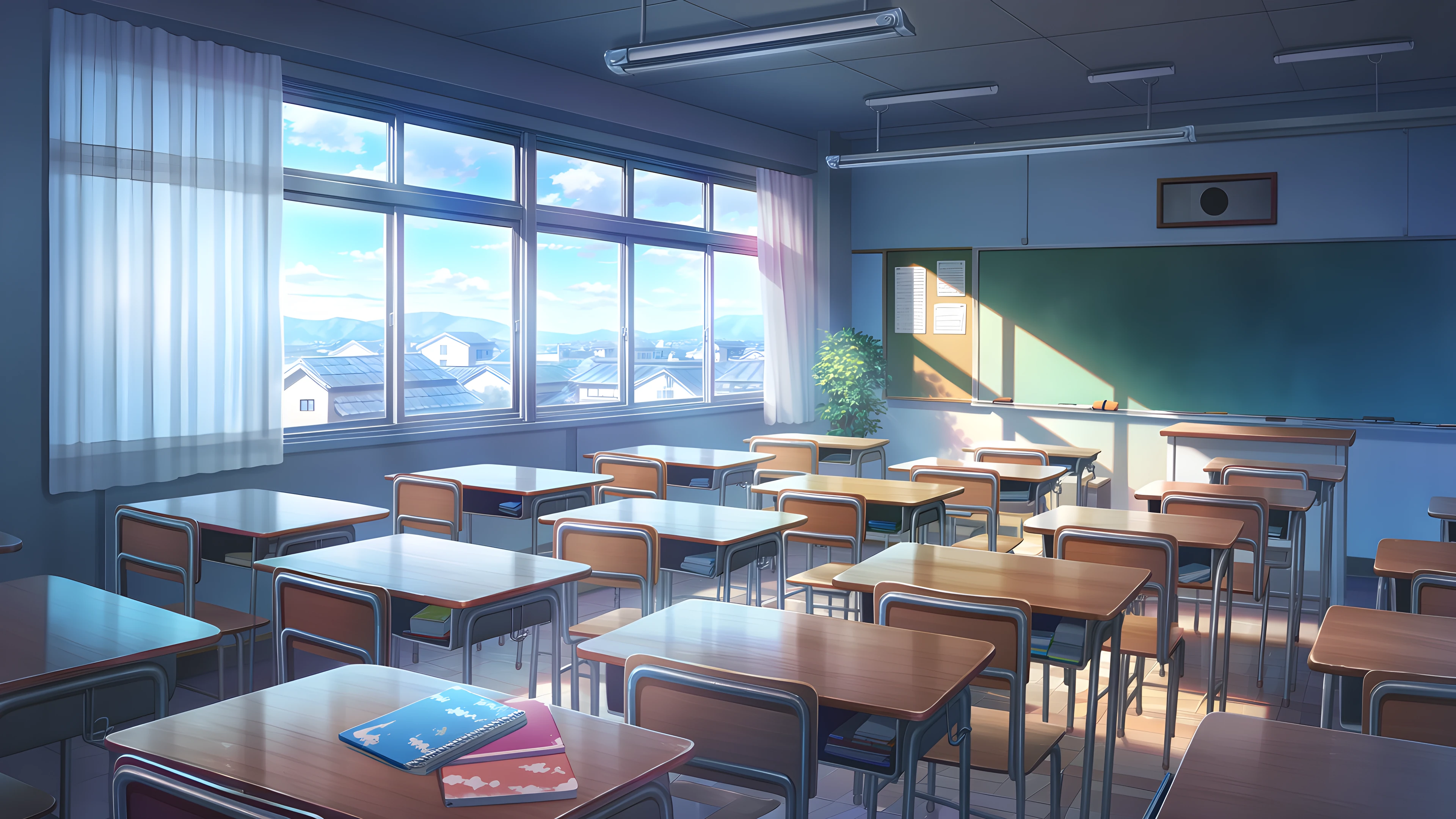 Empty Classroom Sunset variant — Japanese aesthetic lofi wallpaper HD 4K Ultrawide