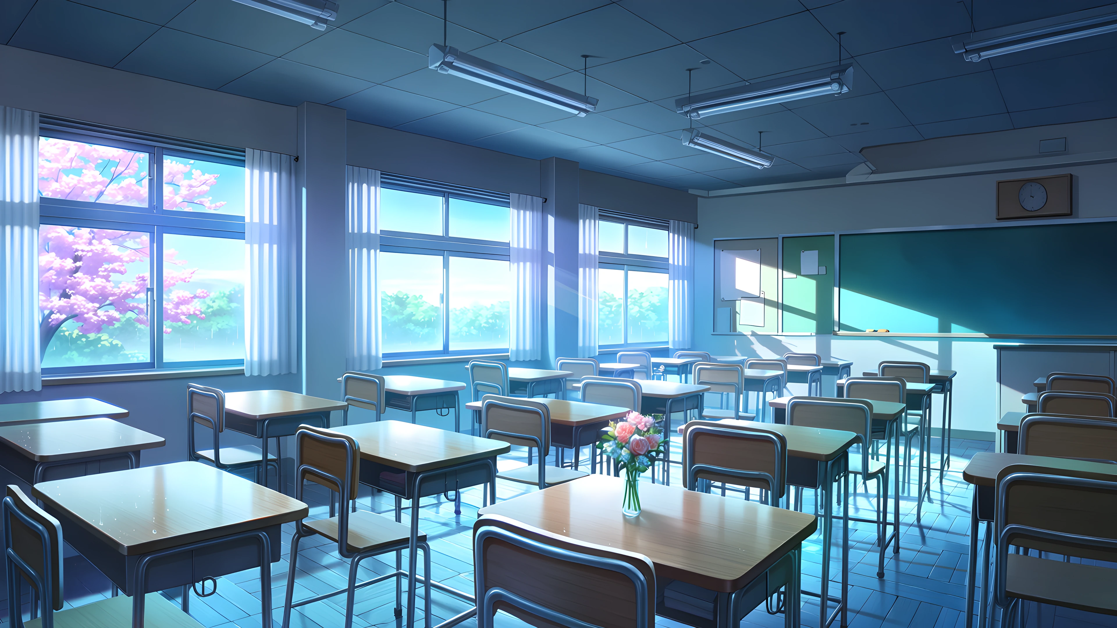 Empty Classroom Sunset variant — Japanese aesthetic lofi wallpaper HD 4K Ultrawide