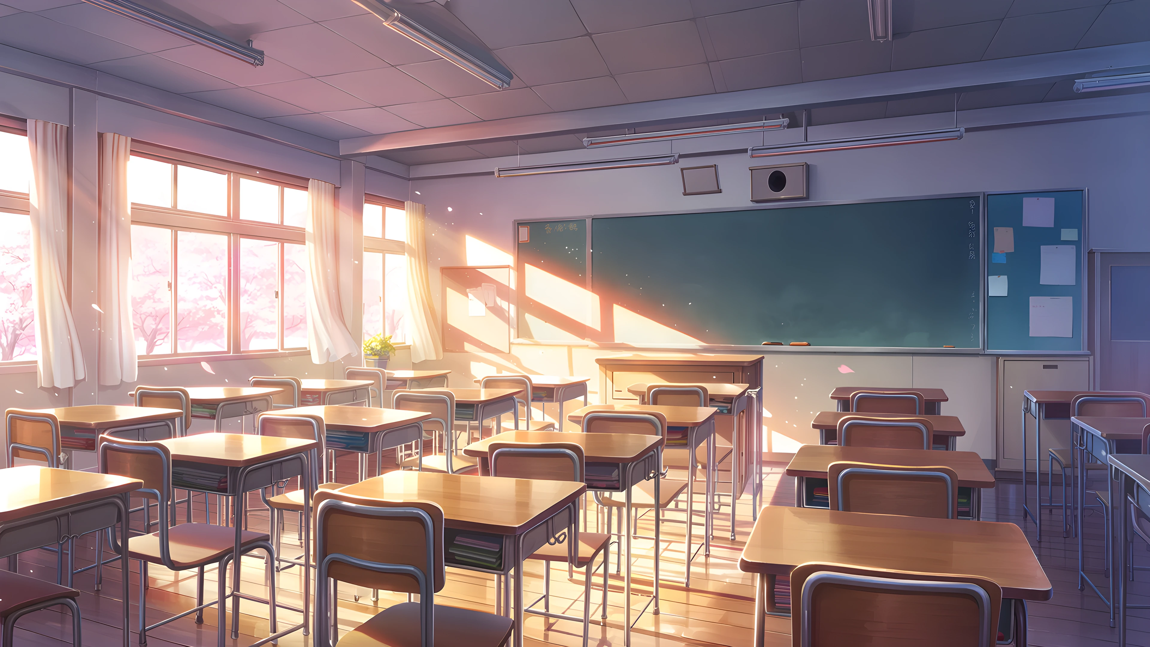 Empty Classroom Sunset variant — Japanese aesthetic lofi wallpaper HD 4K Ultrawide