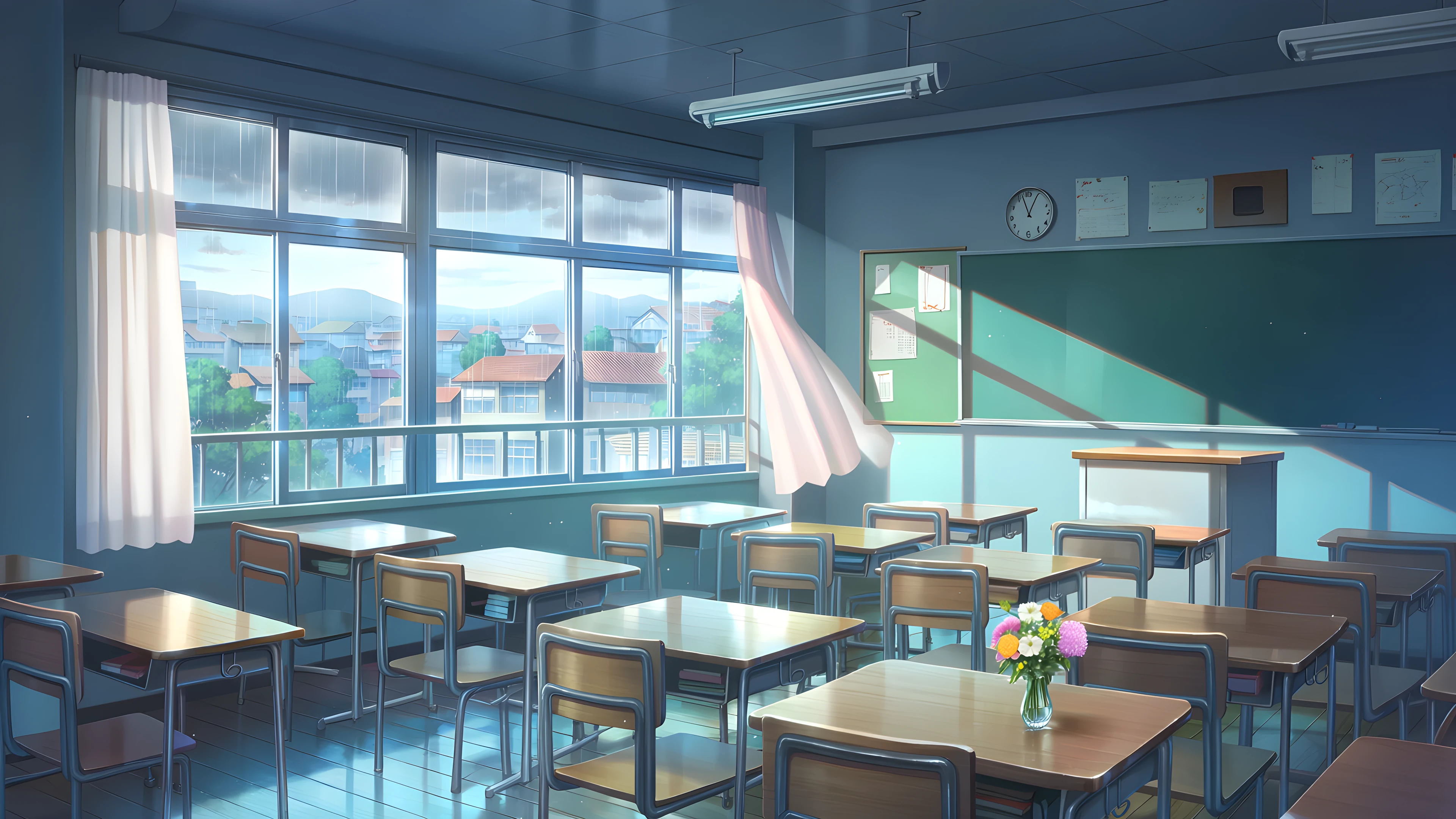 Empty Classroom Sunset variant — Japanese aesthetic lofi wallpaper HD 4K Ultrawide