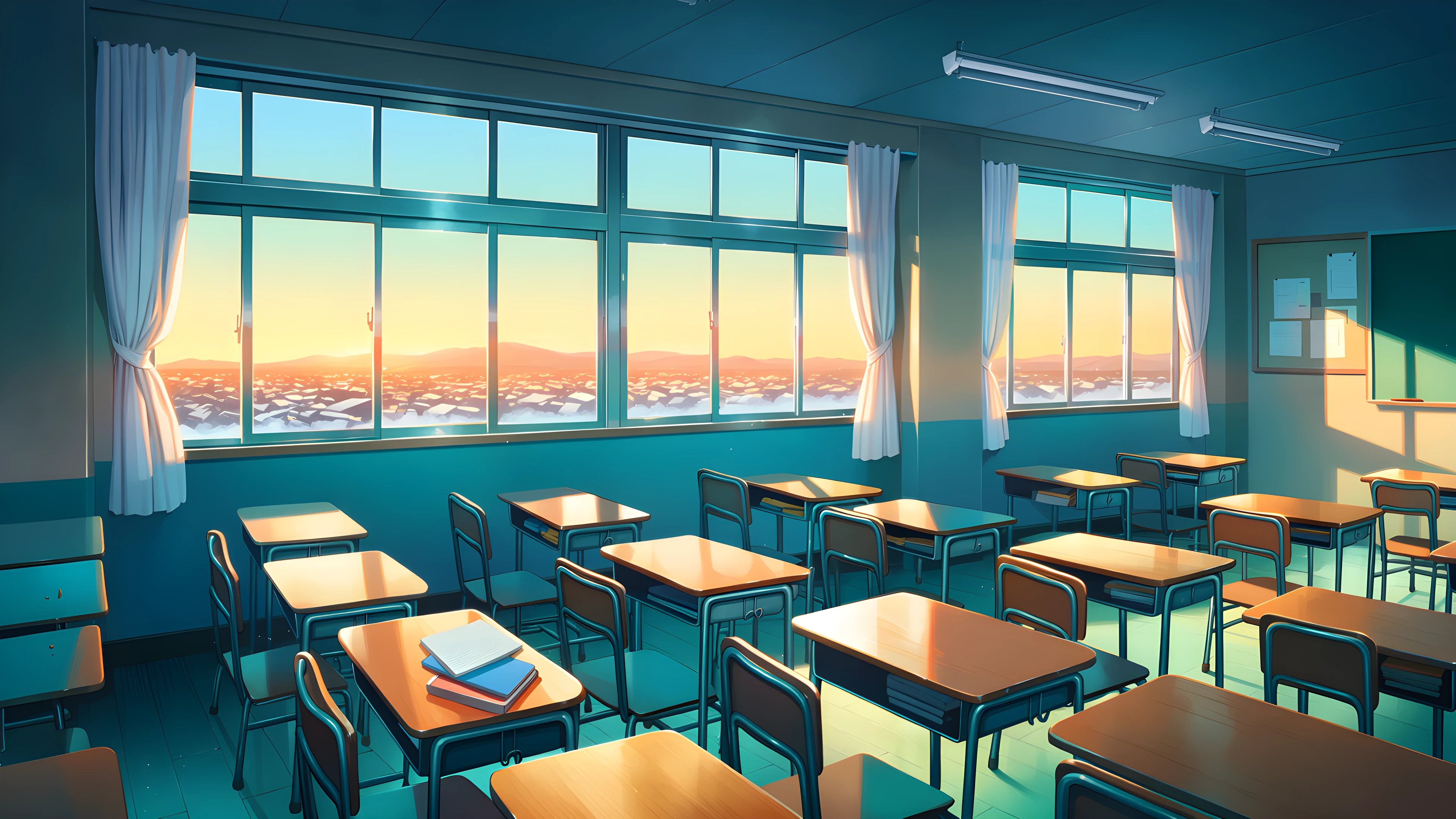Empty Classroom Sunset variant — Japanese aesthetic lofi wallpaper HD 4K Ultrawide