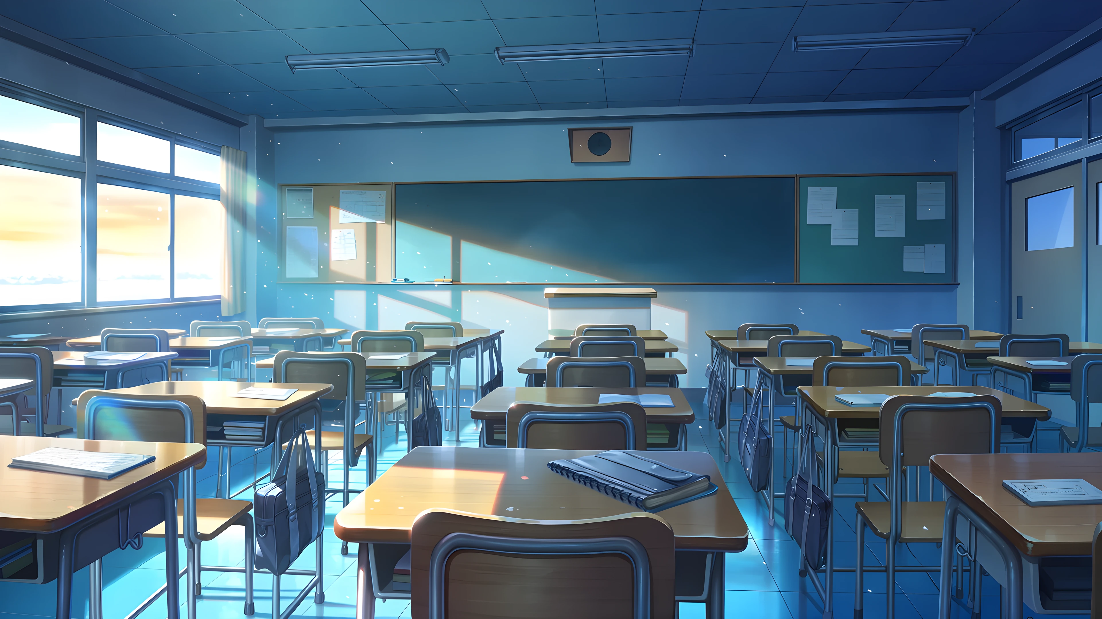 Empty Classroom Sunset variant — Japanese aesthetic lofi wallpaper HD 4K Ultrawide