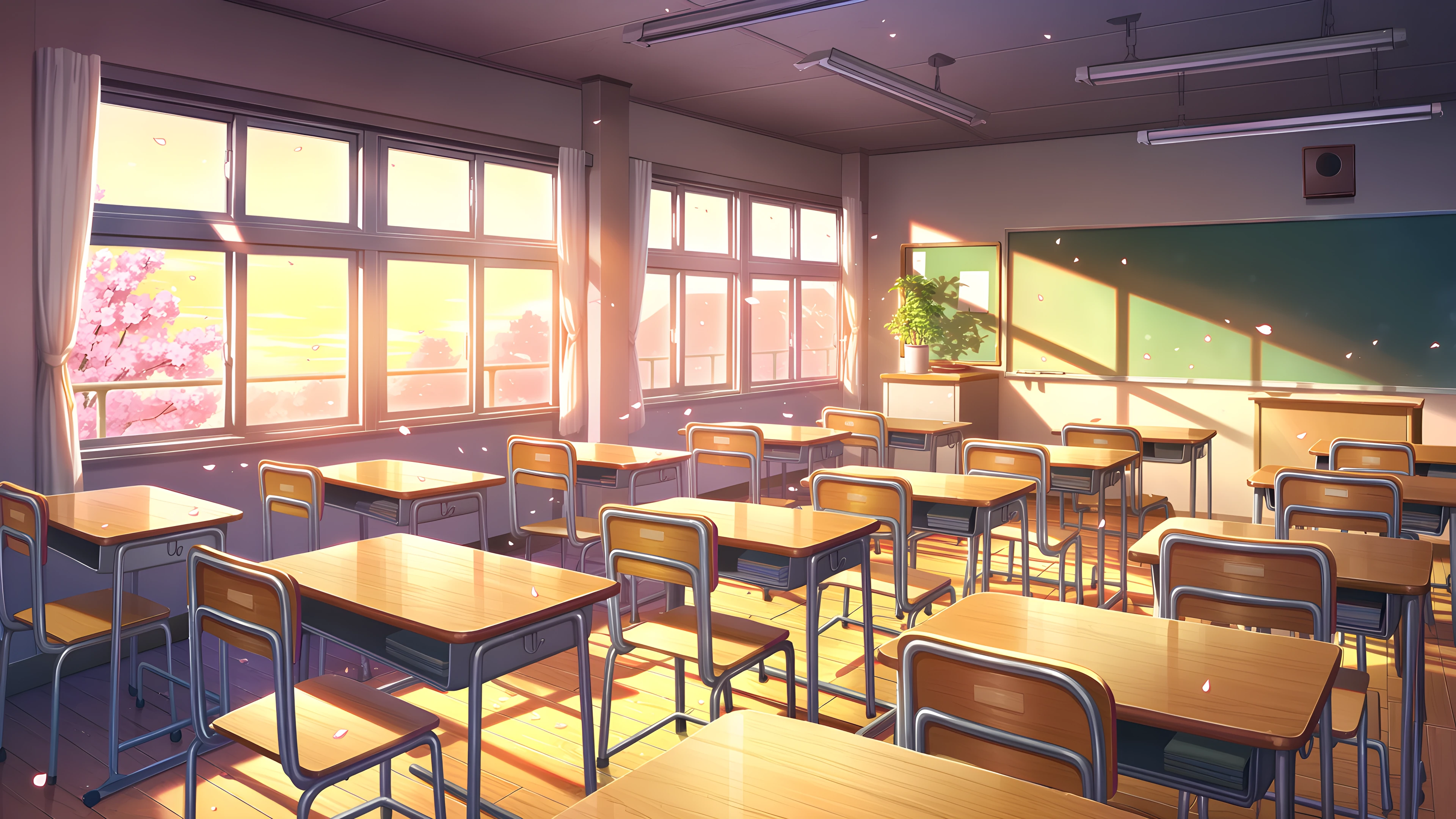 Empty Classroom Sunset variant — Japanese aesthetic lofi wallpaper HD 4K Ultrawide