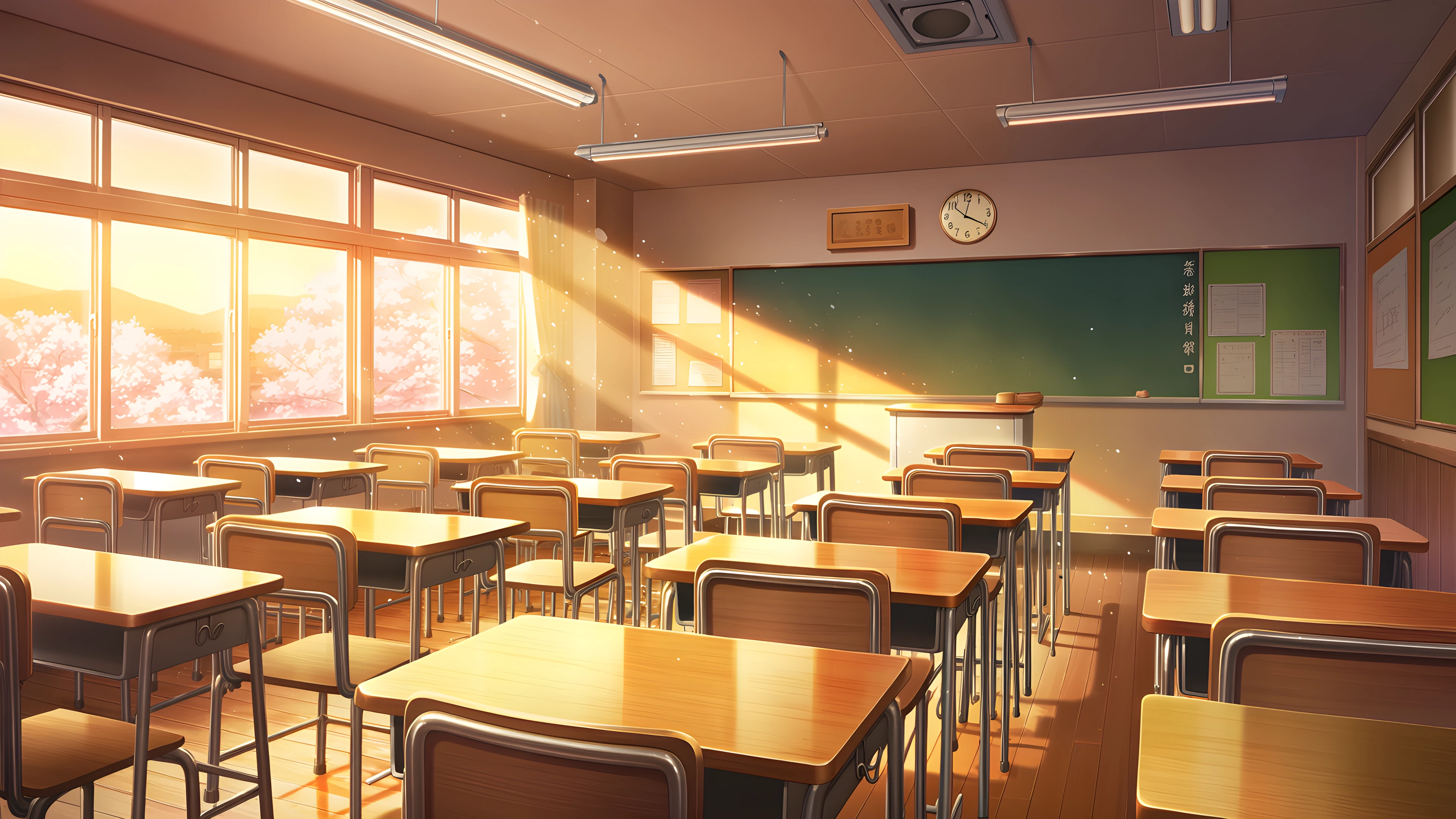 Empty Classroom Sunset variant — Japanese aesthetic lofi wallpaper HD 4K Ultrawide
