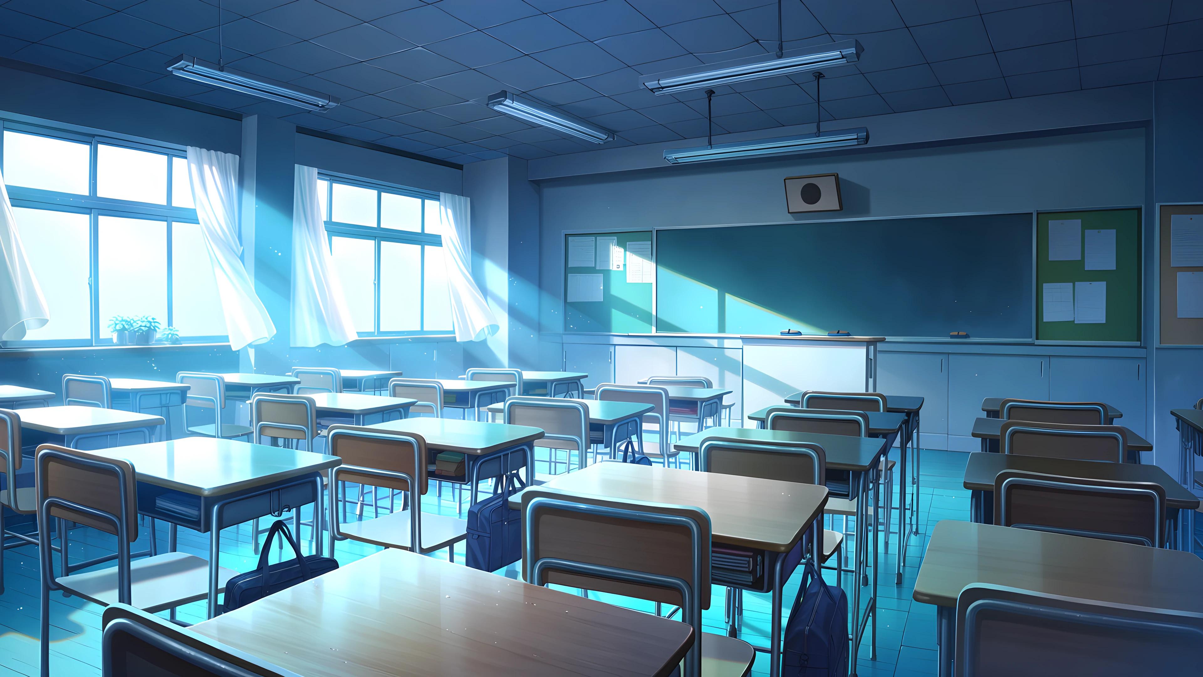 Empty Classroom Sunset variant — Japanese aesthetic lofi wallpaper HD 4K Ultrawide