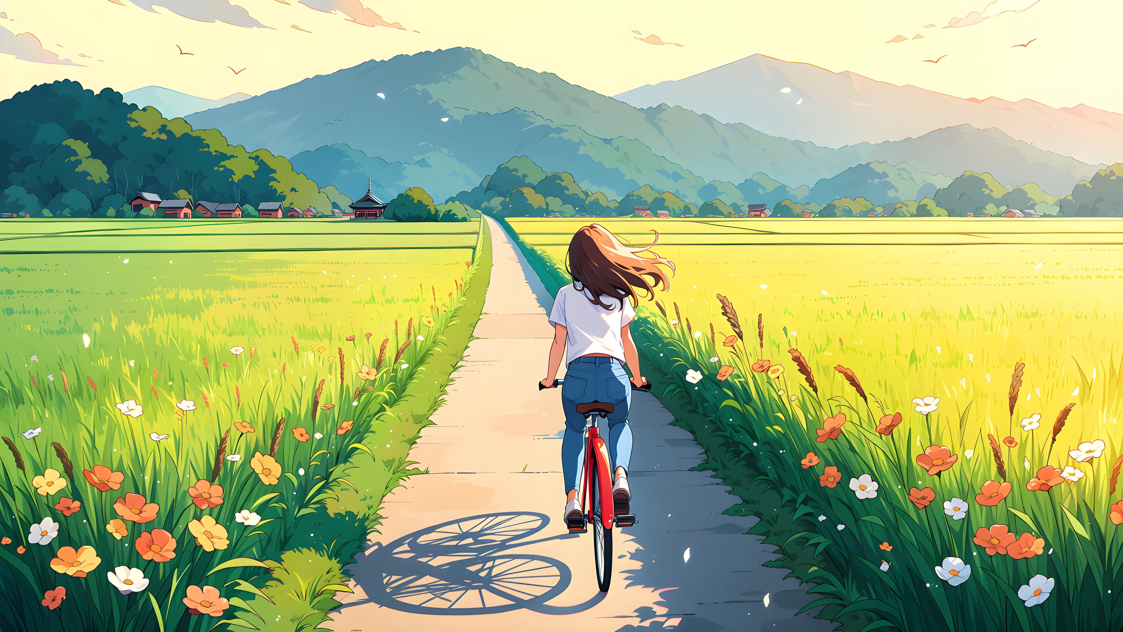 Girl Bicycle Countryside lofi wallpaper