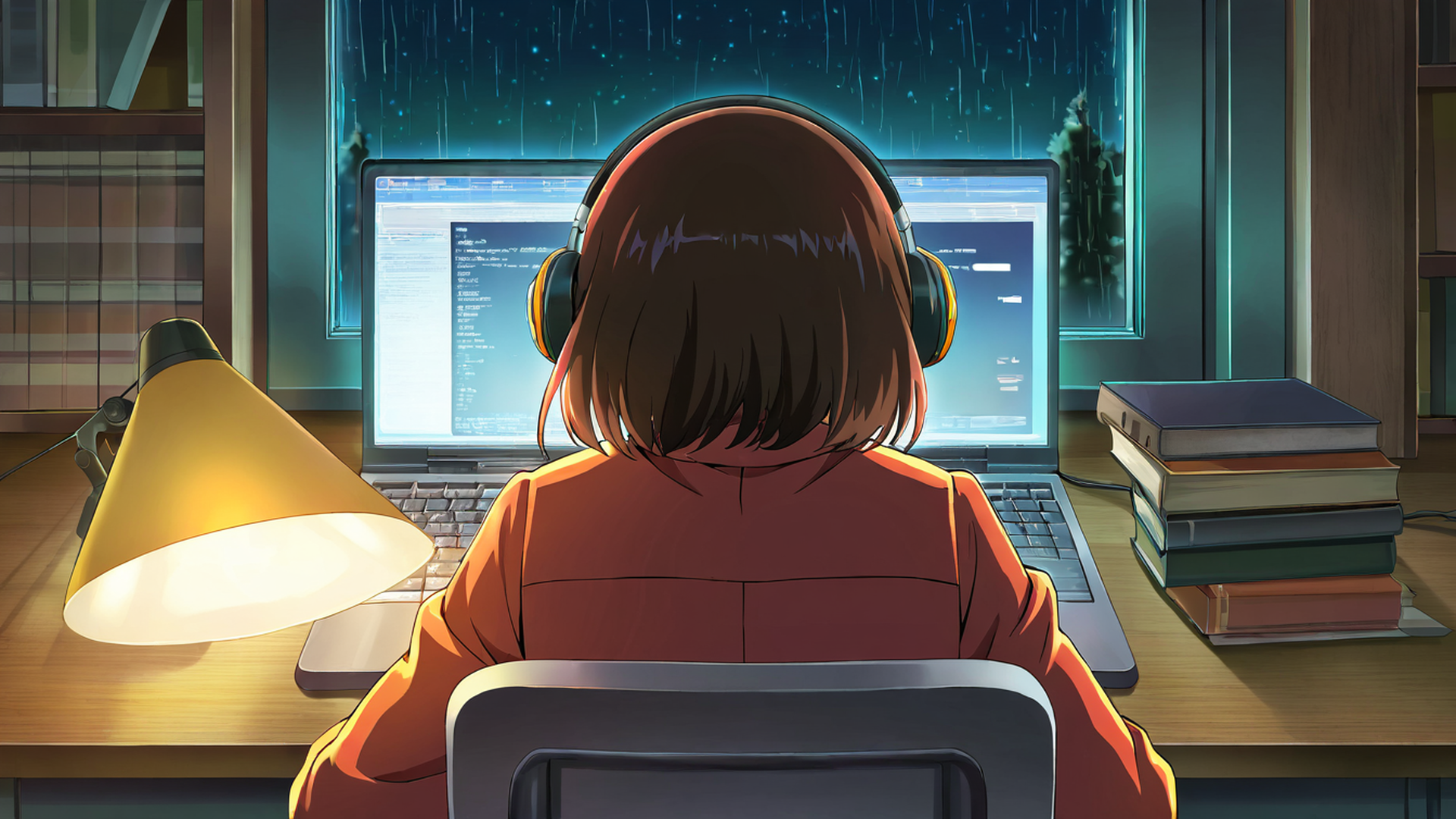 girl desk night lamp lofi wallpaper