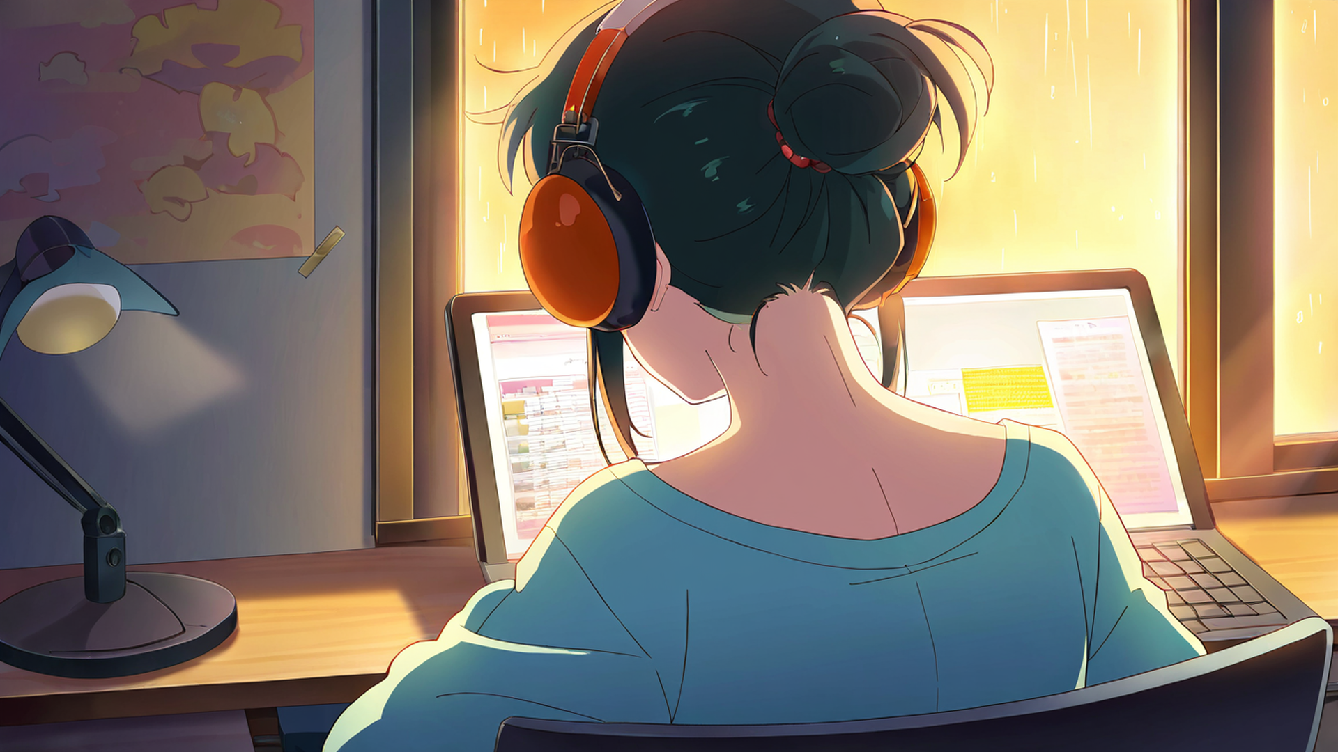 girl desk night lamp lofi wallpaper