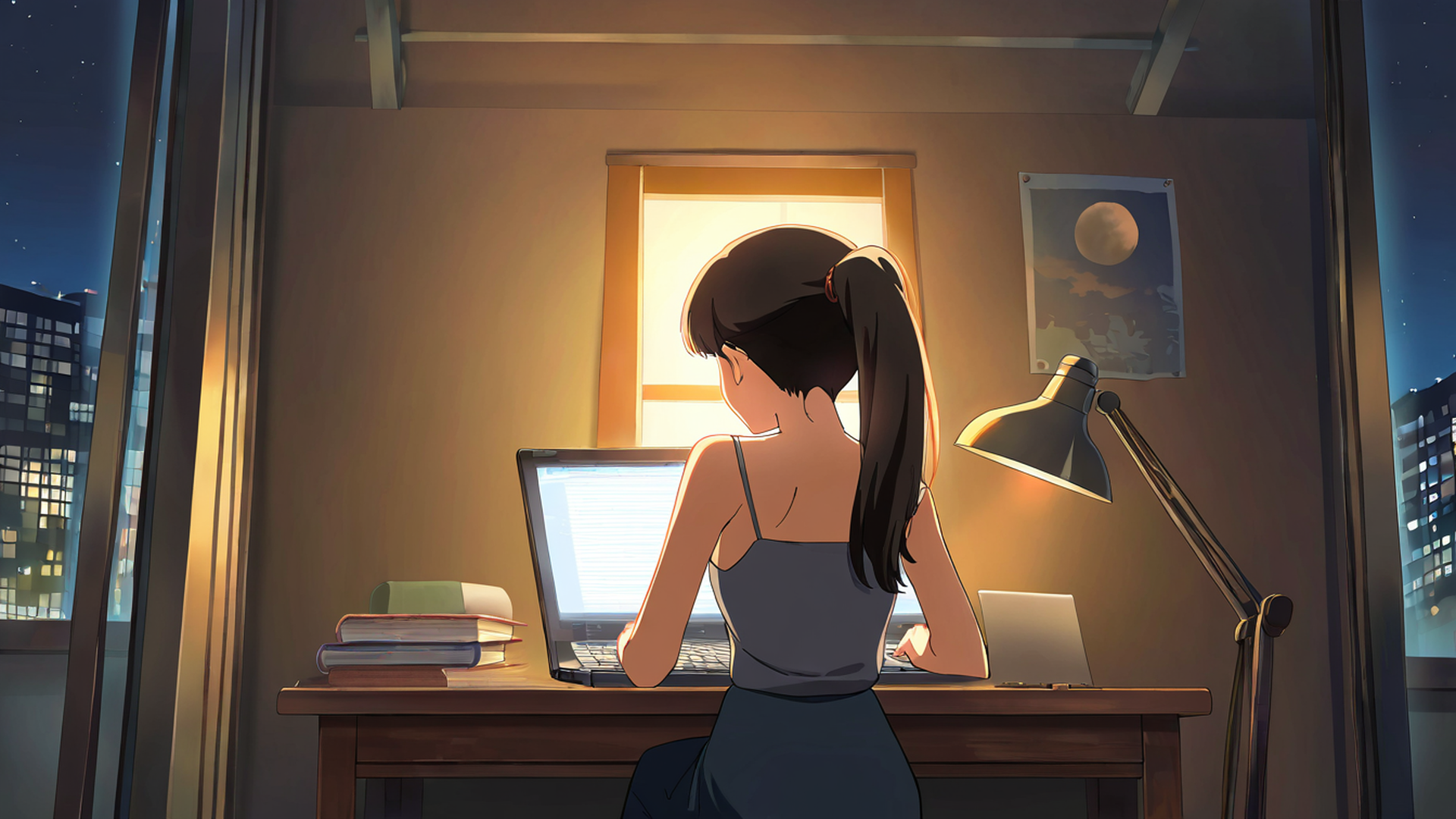 girl desk night lamp lofi wallpaper
