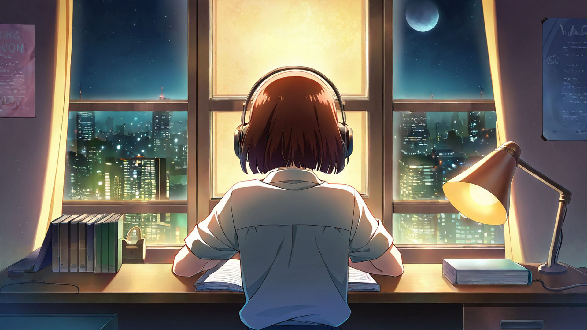 girl desk night lamp lofi wallpaper