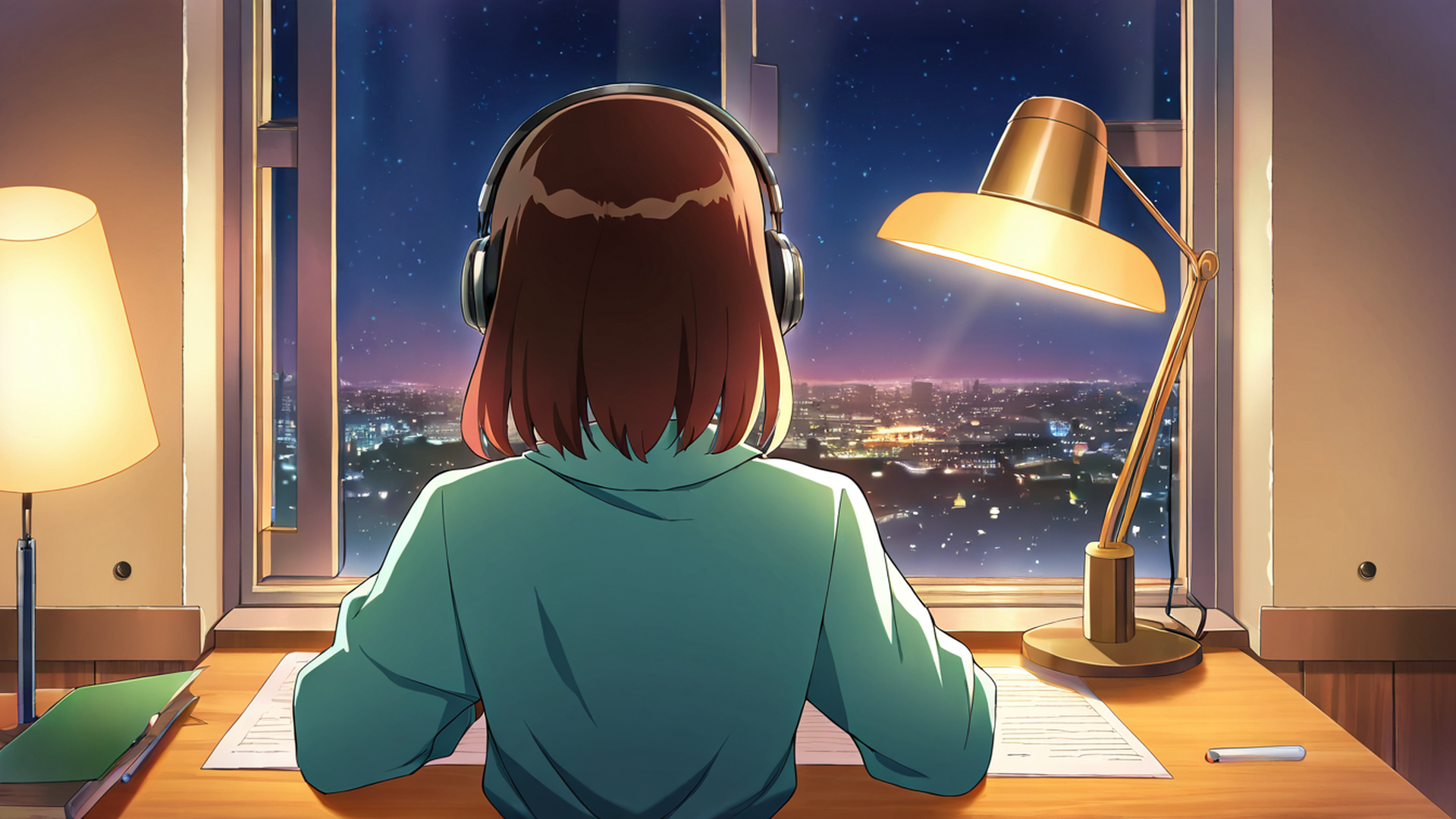 girl desk night lamp lofi wallpaper