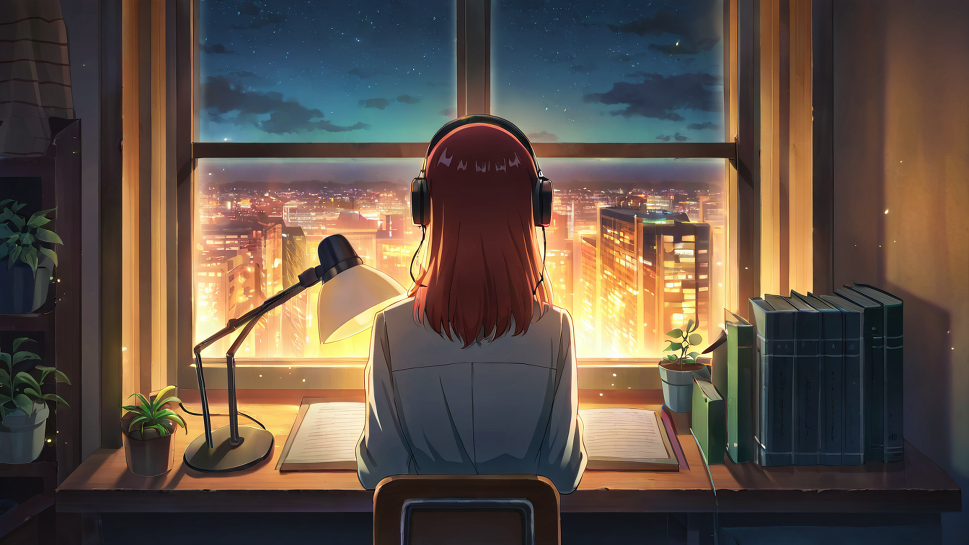 girl desk night lamp lofi wallpaper
