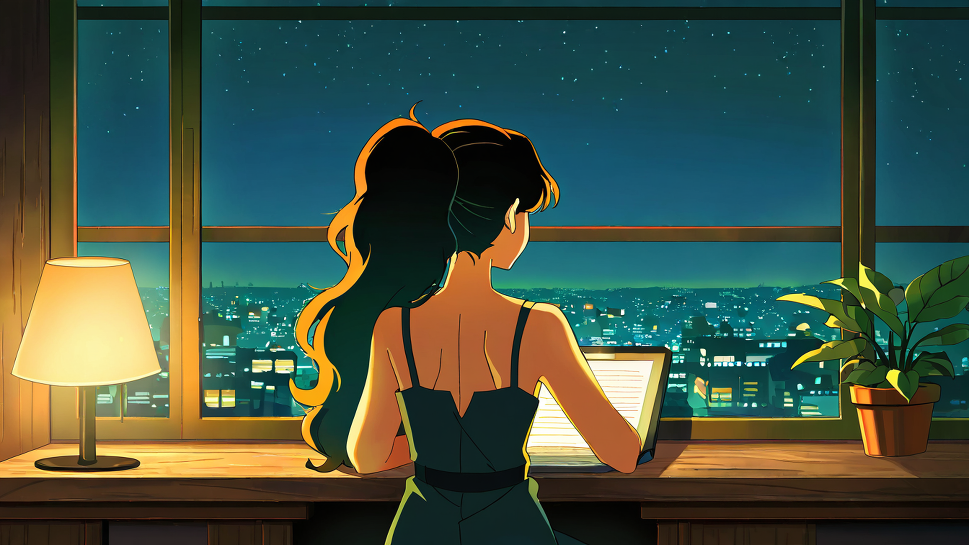 girl desk night lamp lofi wallpaper