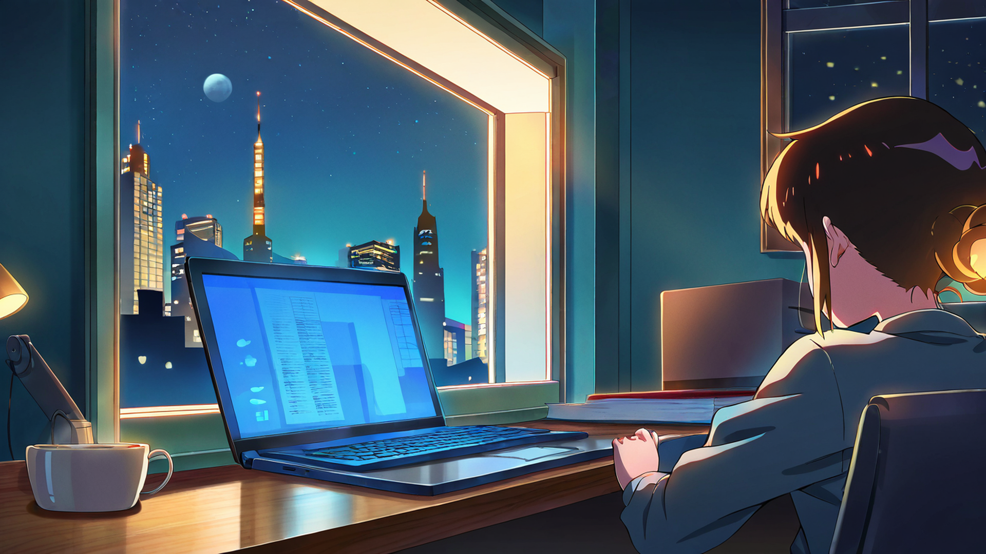 girl desk night lamp lofi wallpaper