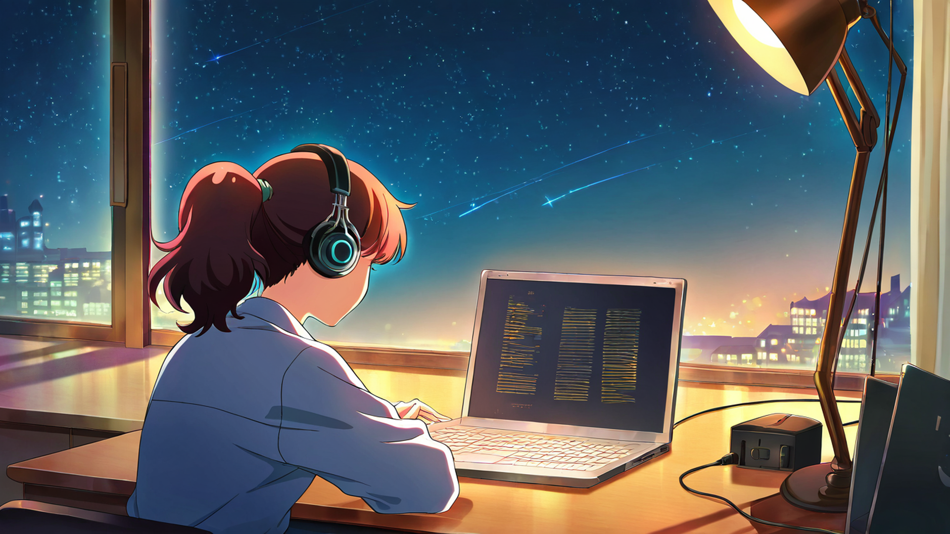 girl desk night lamp lofi wallpaper