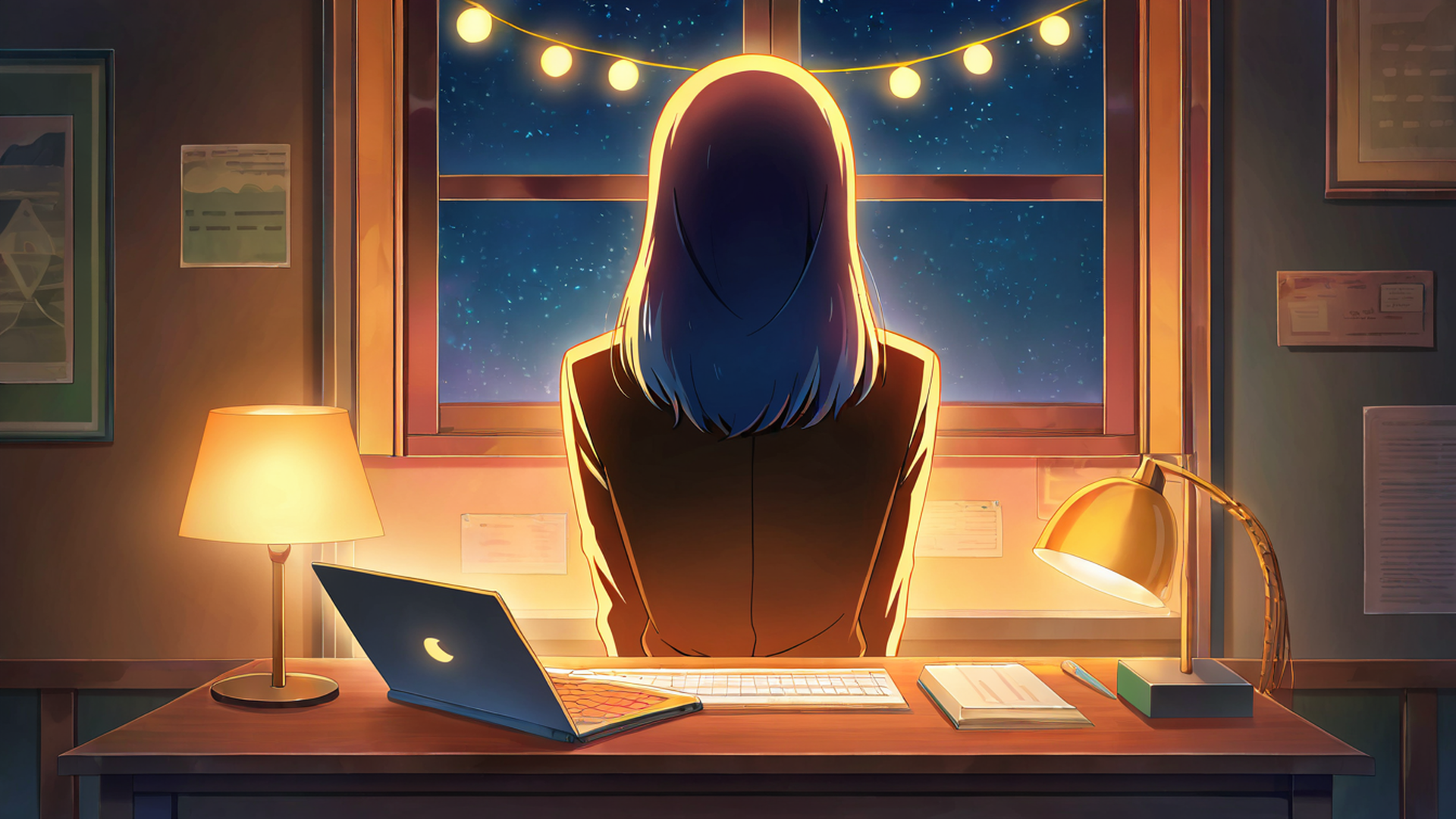 girl desk night lamp lofi wallpaper