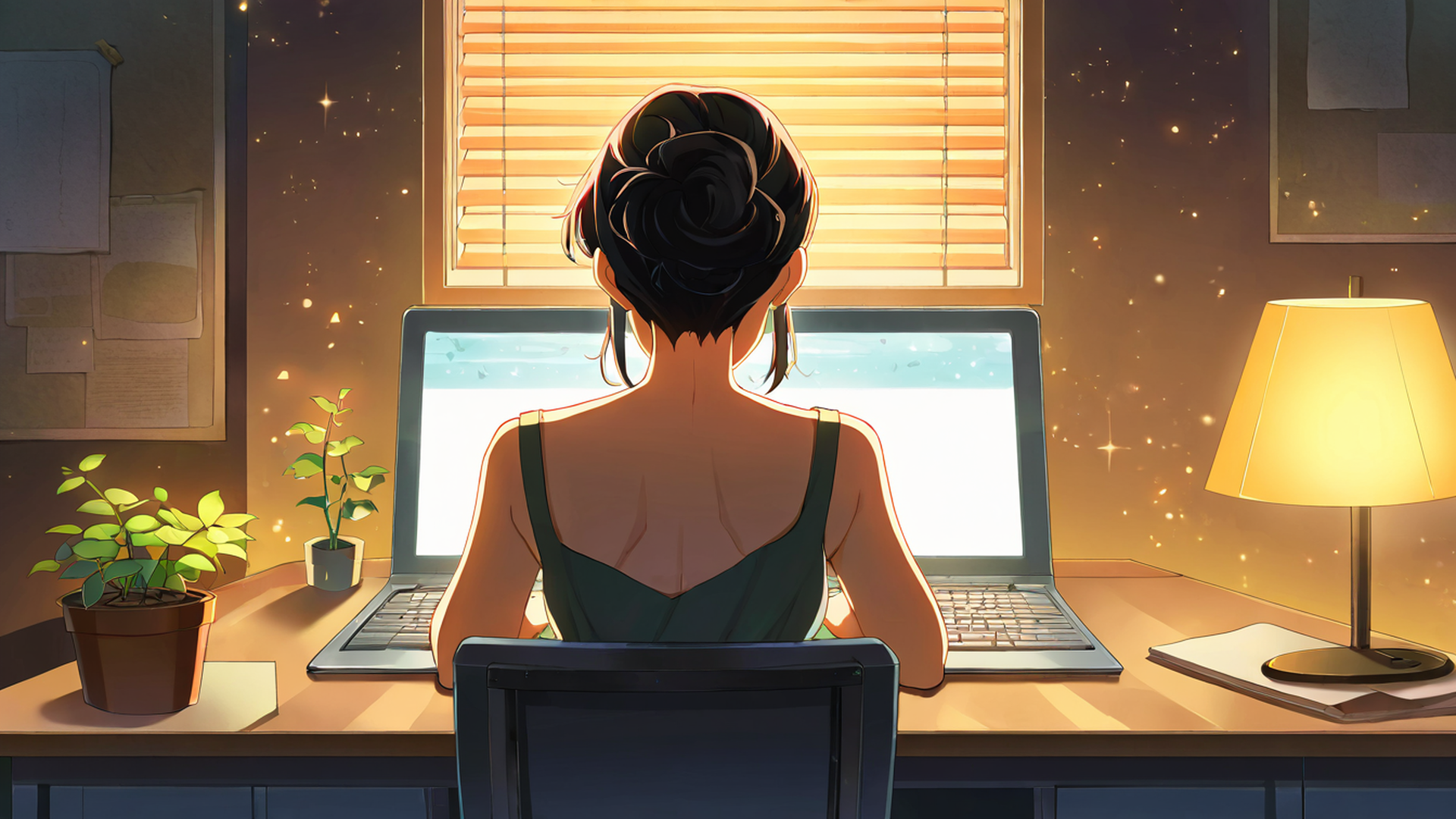 girl desk night lamp lofi wallpaper