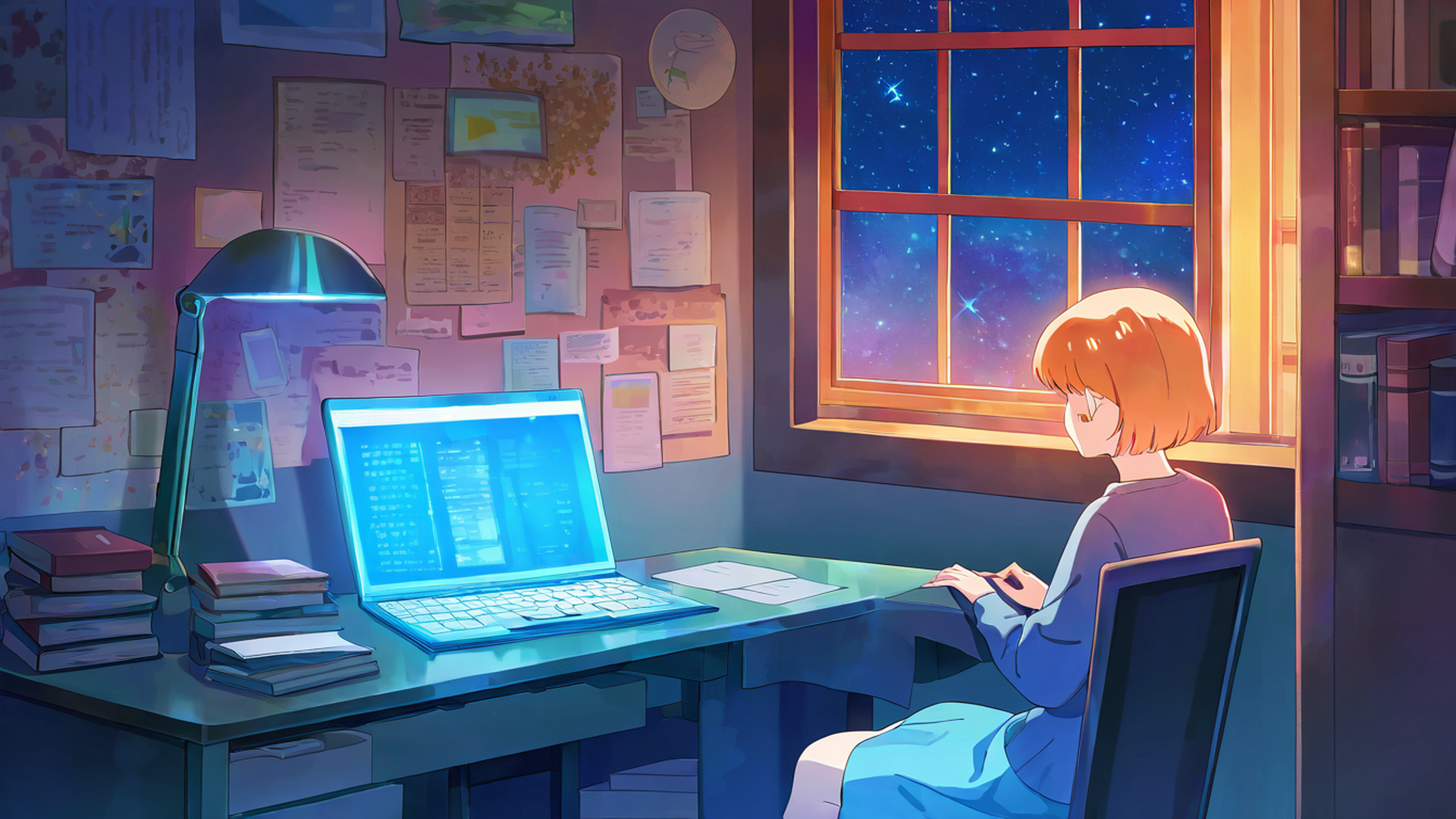 girl desk night lamp lofi wallpaper