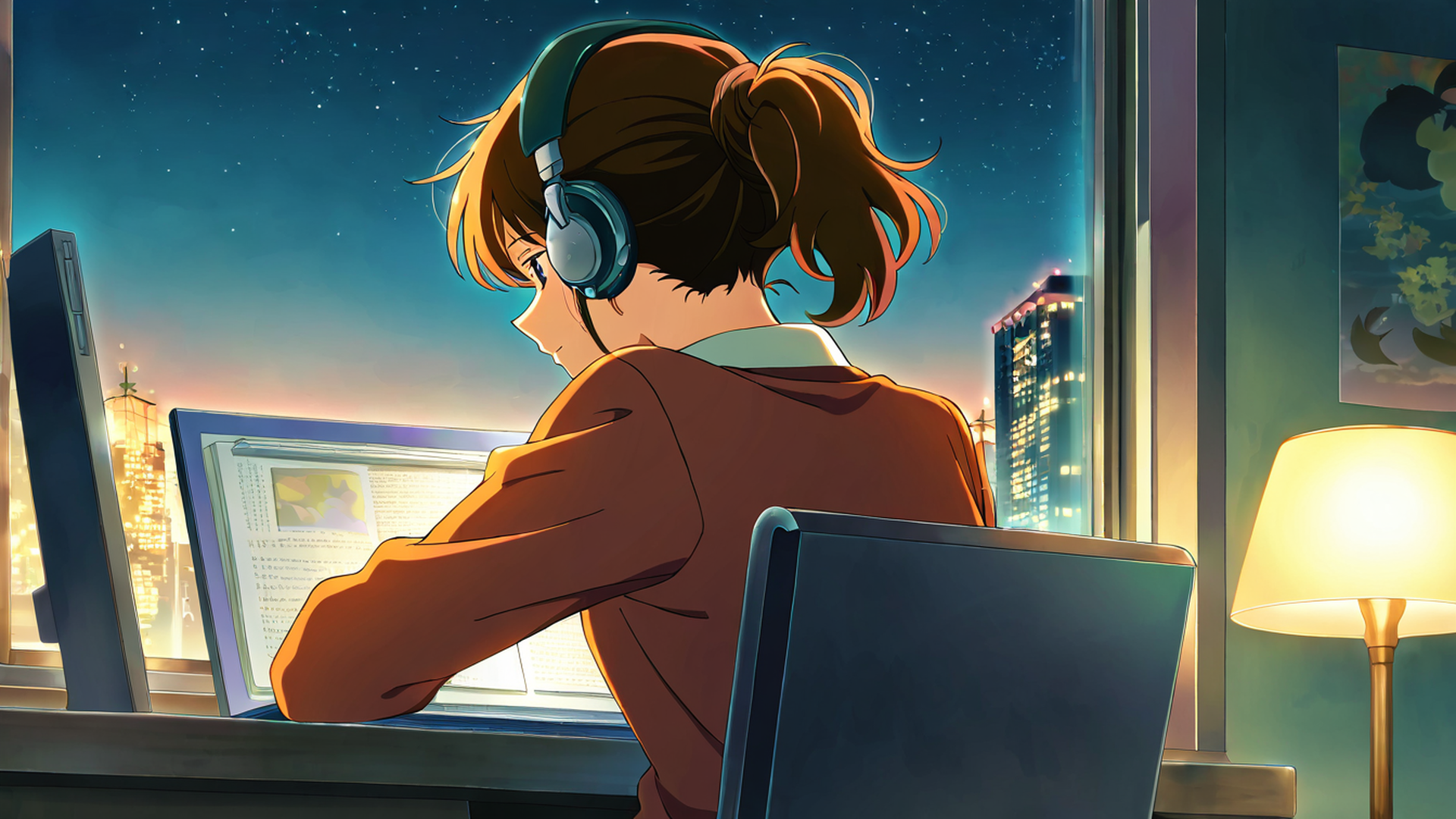 girl desk night lamp lofi wallpaper