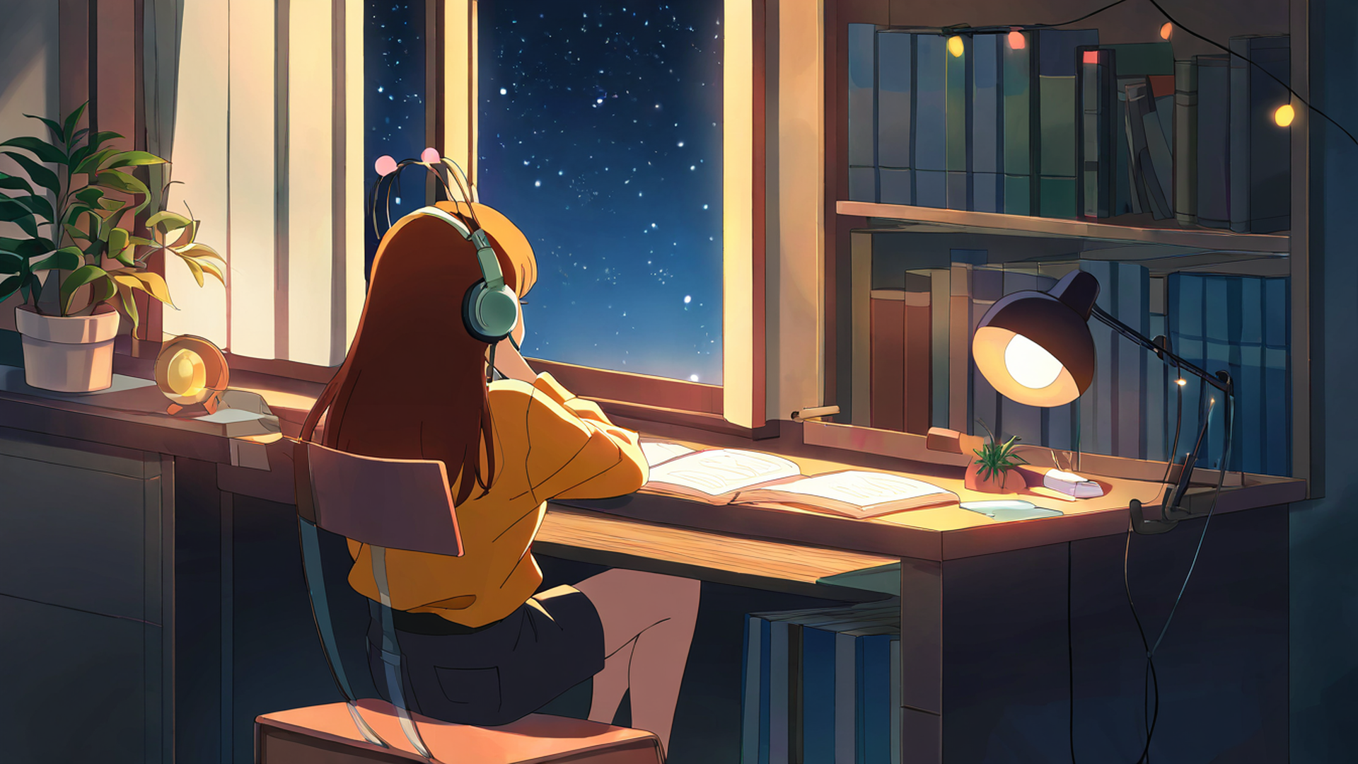 girl desk night lamp lofi wallpaper