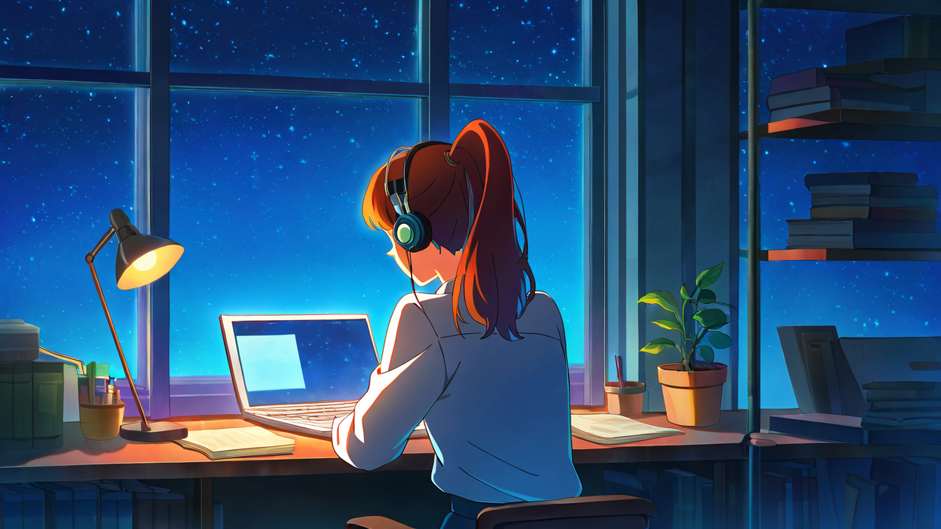 girl desk night lamp lofi wallpaper
